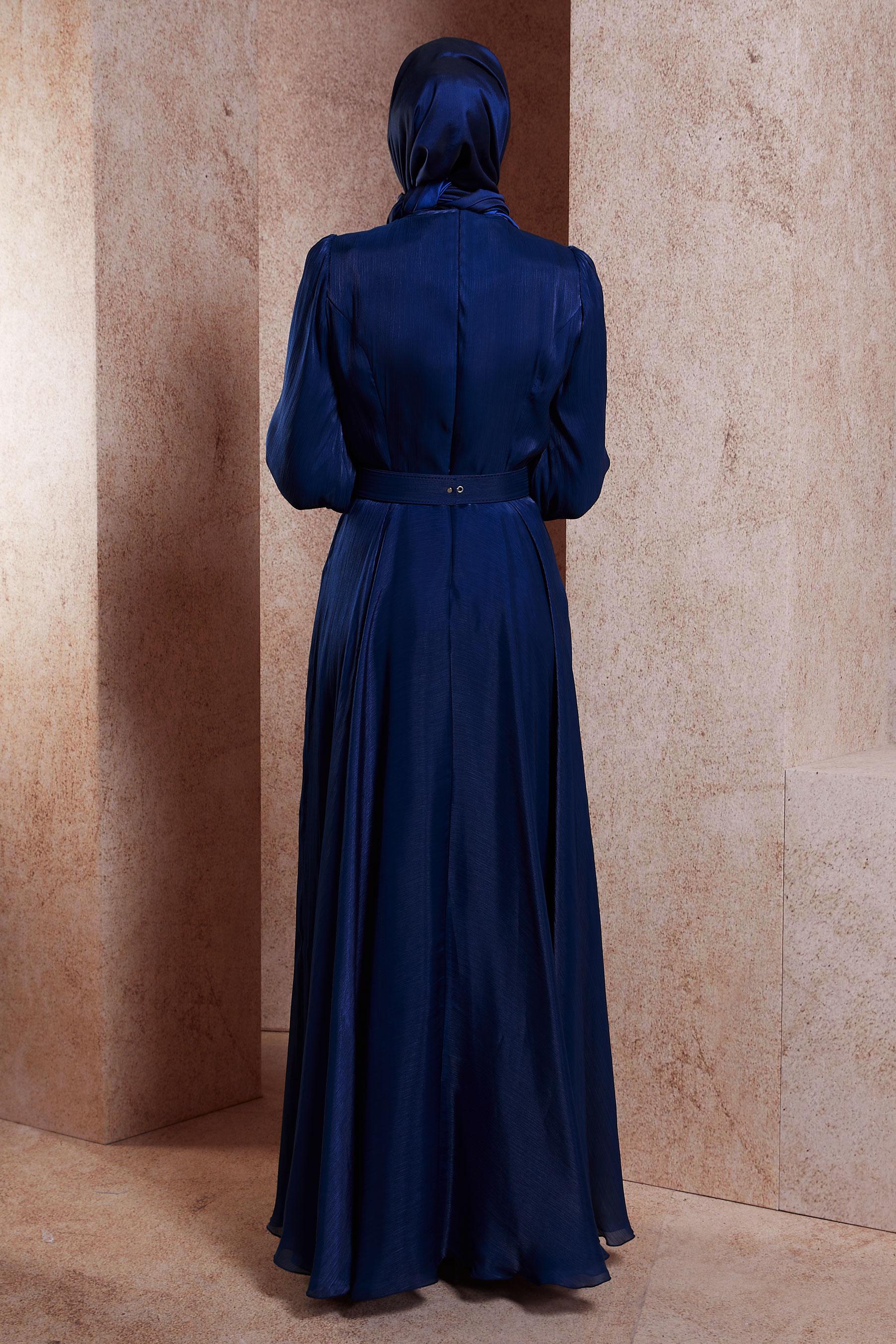 Tesettür giyim LACİVERT KEMERLİ TESETTÜR ABİYE ELBİSE 50423