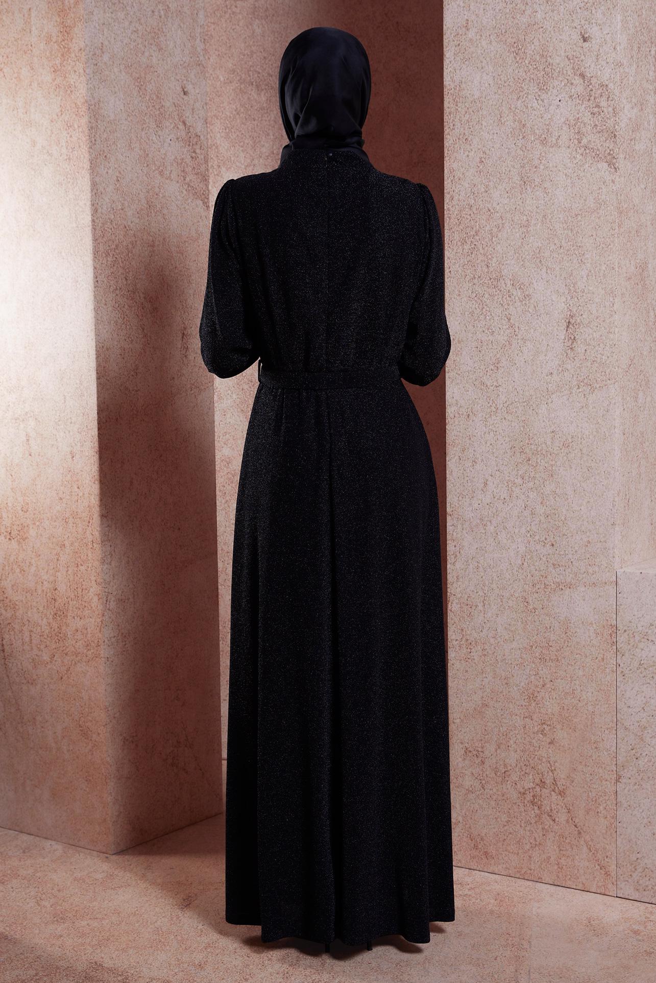 Tesettür giyim SİYAH KEMERLİ SİMLİ ABİYE ELBİSE 50424