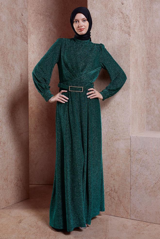 Tesettür giyim MAVİ KEMERLİ SİMLİ ABİYE ELBİSE 50424 - ALVİNA