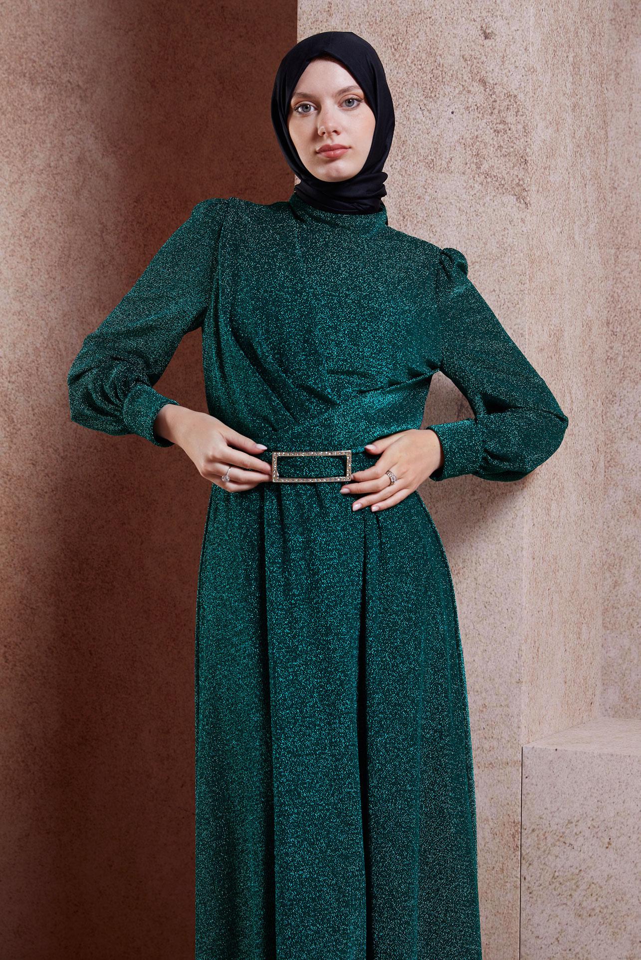 Tesettür giyim MAVİ KEMERLİ SİMLİ ABİYE ELBİSE 50424