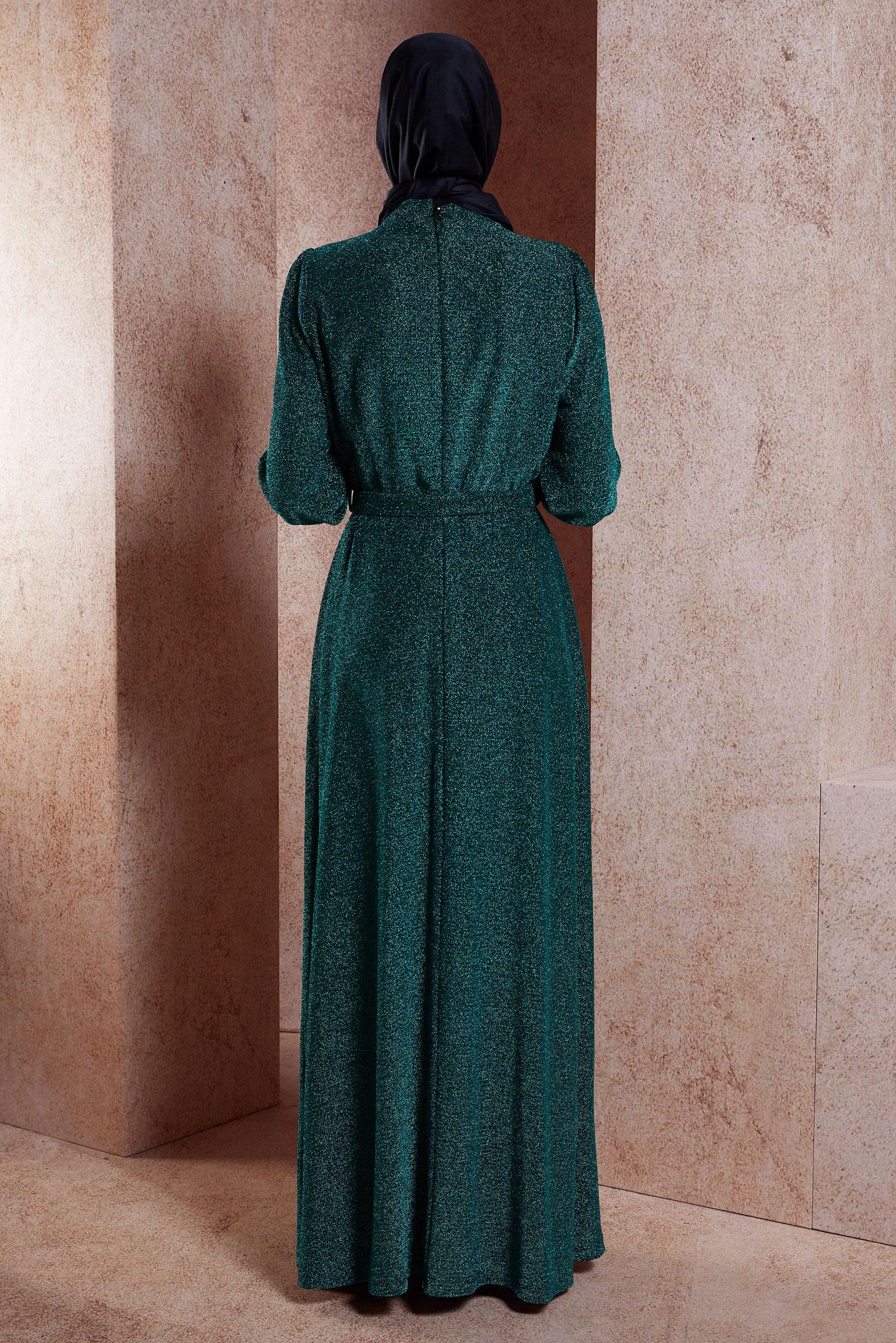 Tesettür giyim MAVİ KEMERLİ SİMLİ ABİYE ELBİSE 50424