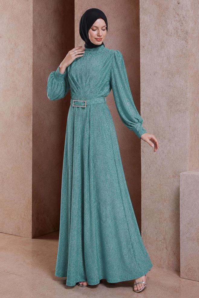 Vêtements hijab BEIGE ROBE DE SOIRÉE PAILLETÉE CEINTURE 50424 - ALVİNA
