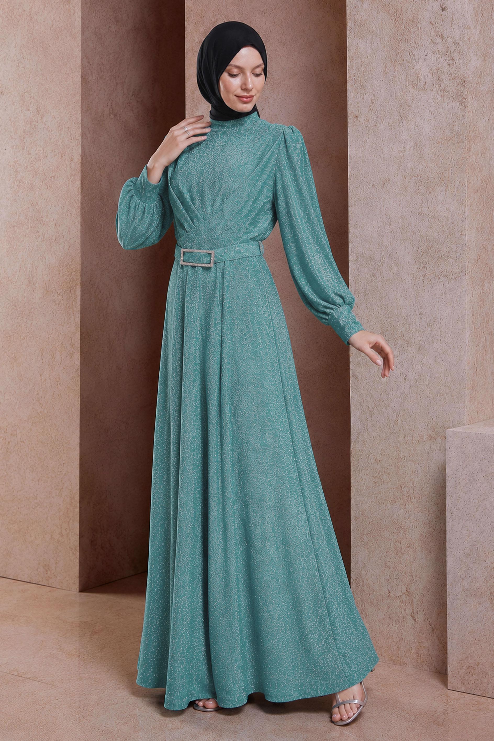 Vêtements hijab BEIGE ROBE DE SOIRÉE PAILLETÉE CEINTURE 50424