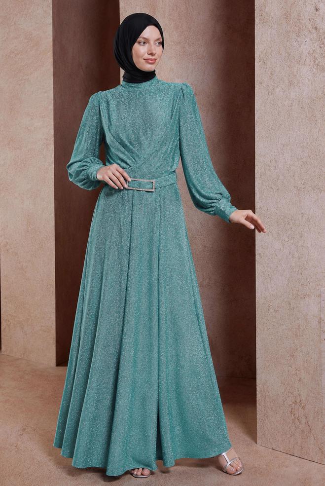 Vêtements hijab BEIGE ROBE DE SOIRÉE PAILLETÉE CEINTURE 50424 - ALVİNA