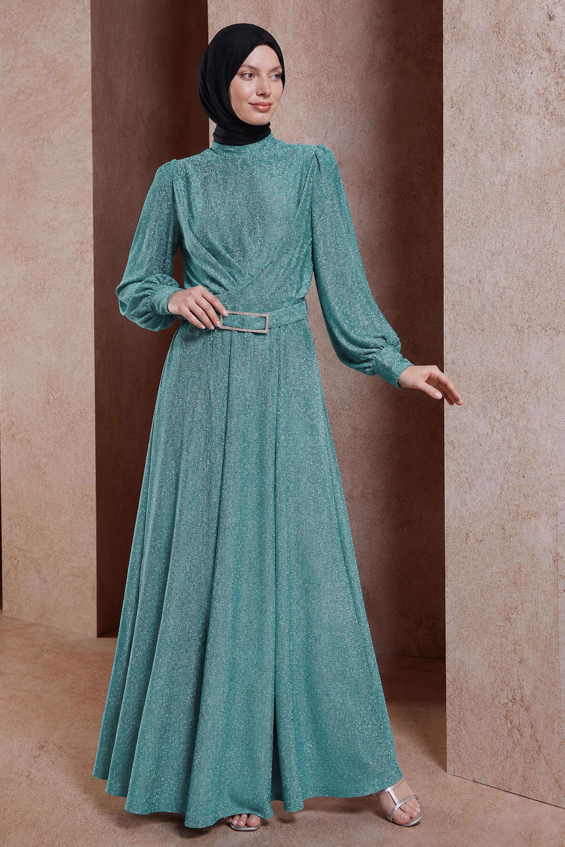 Vêtements hijab BEIGE ROBE DE SOIRÉE PAILLETÉE CEINTURE 50424