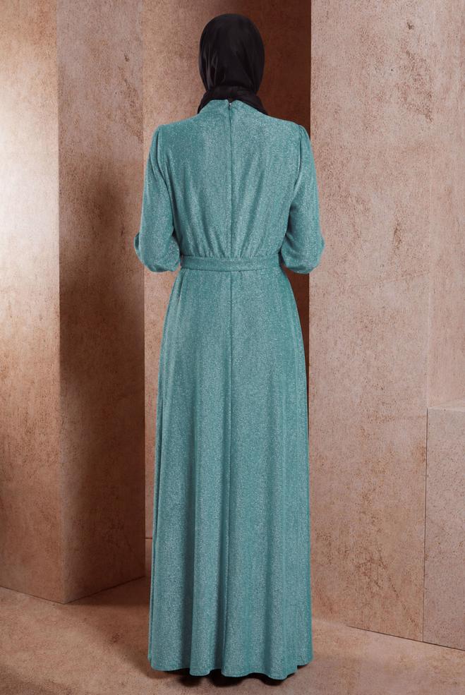 Vêtements hijab BEIGE ROBE DE SOIRÉE PAILLETÉE CEINTURE 50424 - ALVİNA