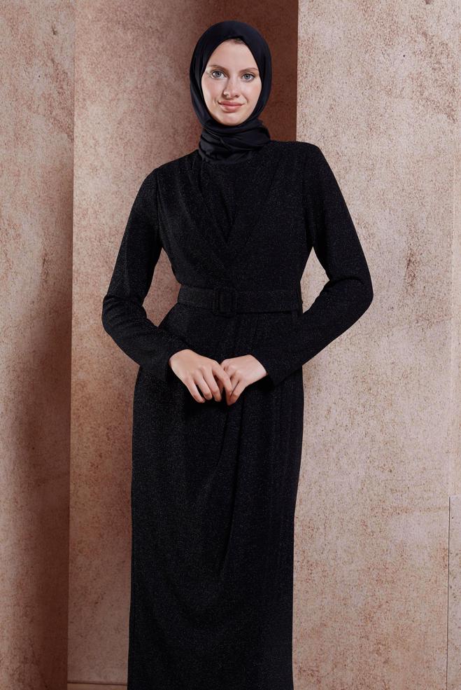 Tesettür giyim SİYAH KEMERLİ SİMLİ ABİYE ELBİSE 50428 - ALVİNA