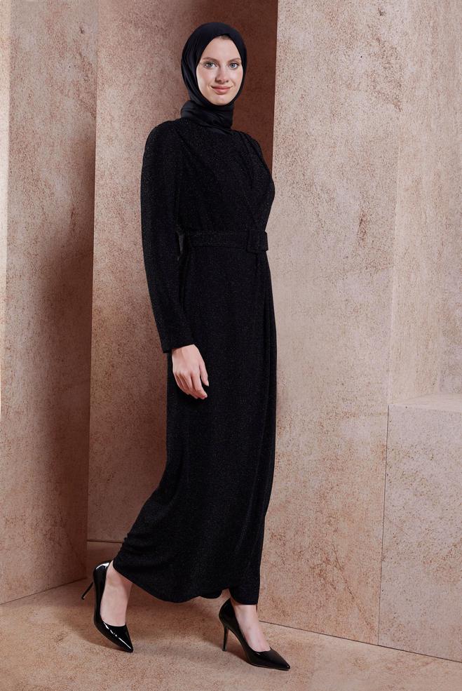 Tesettür giyim SİYAH KEMERLİ SİMLİ ABİYE ELBİSE 50428 - ALVİNA