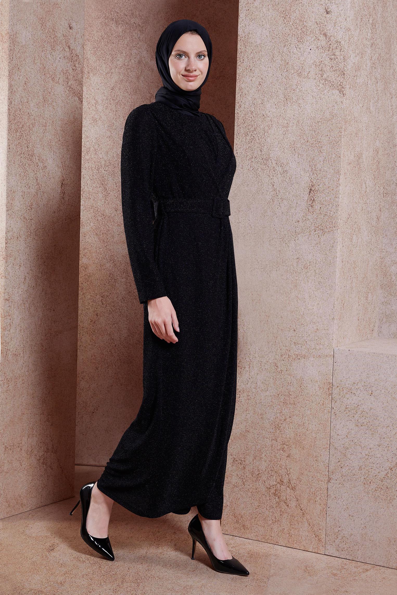 Tesettür giyim SİYAH KEMERLİ SİMLİ ABİYE ELBİSE 50428