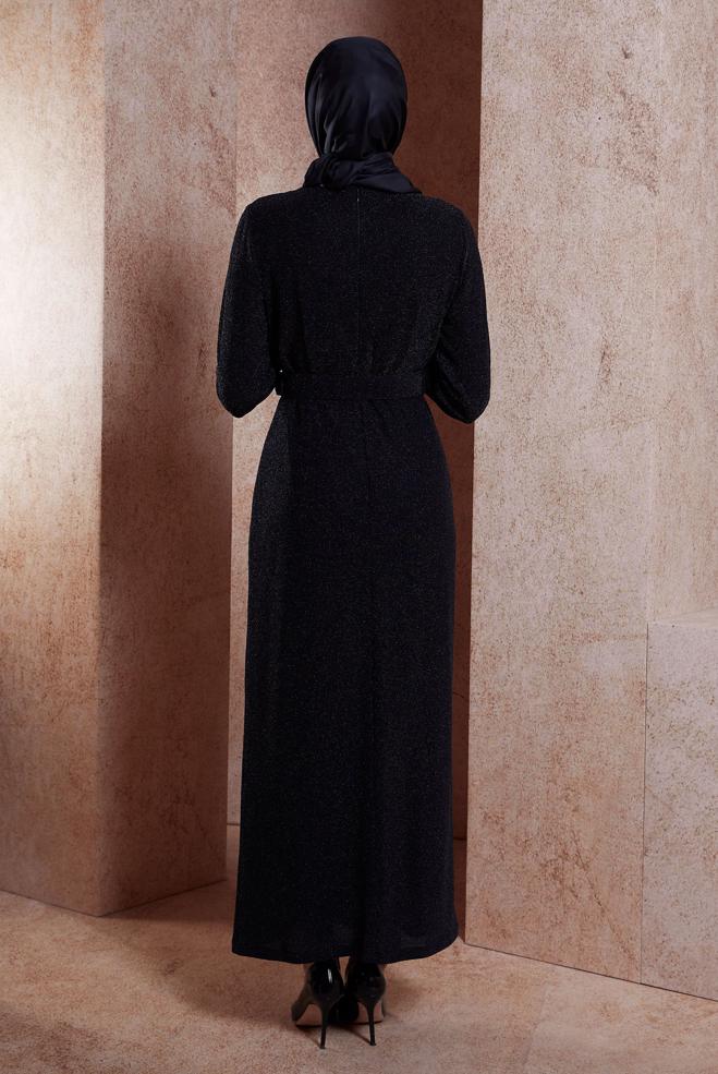 Tesettür giyim SİYAH KEMERLİ SİMLİ ABİYE ELBİSE 50428 - ALVİNA