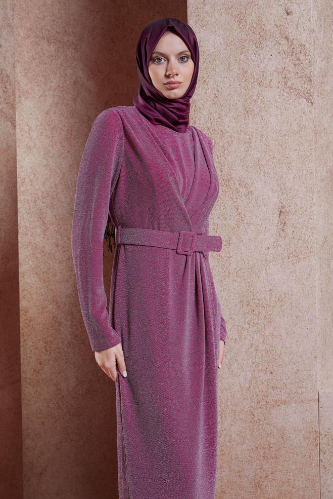 Tesettür giyim FUŞYA KEMERLİ SİMLİ ABİYE ELBİSE 50428 - ALVİNA