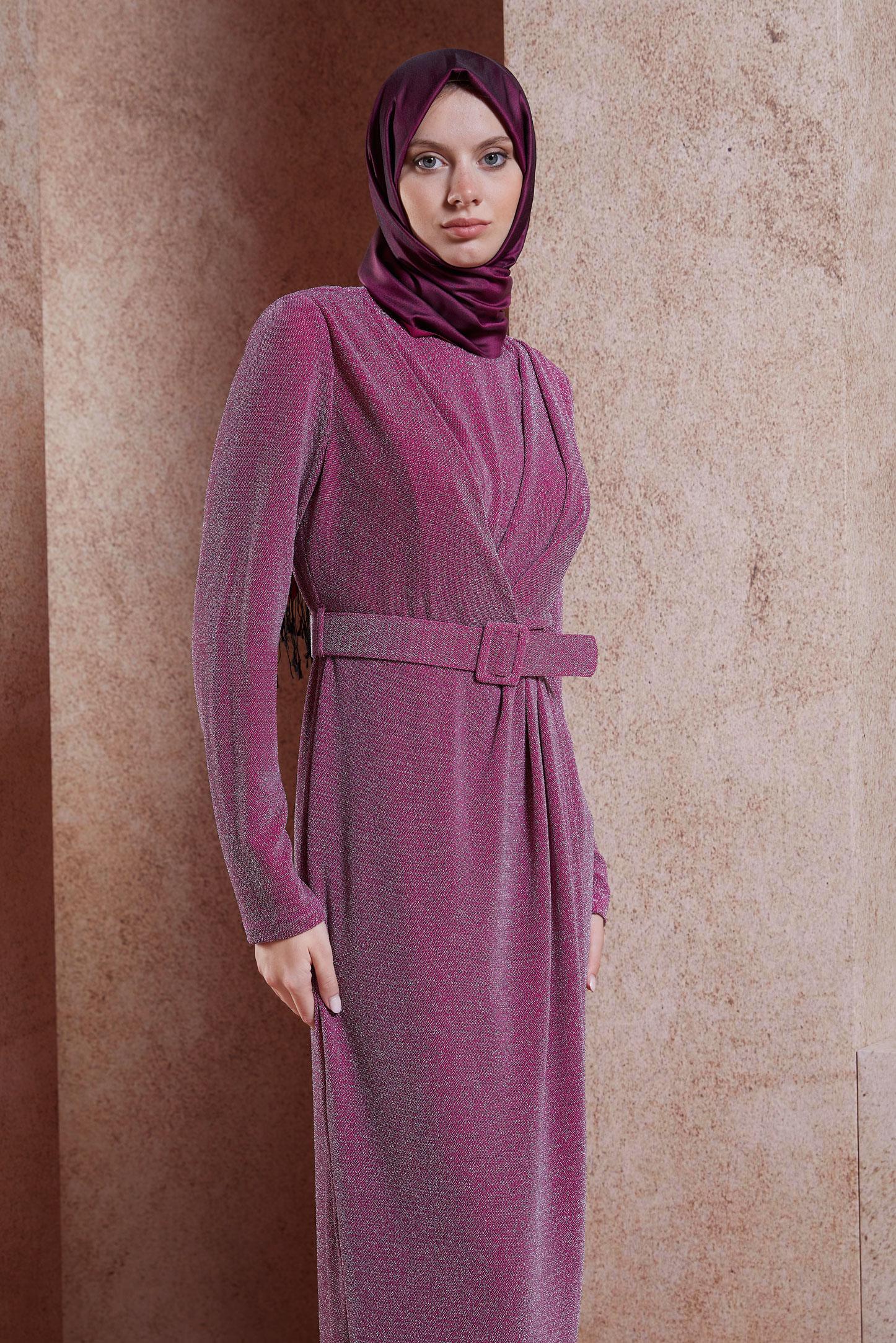 Tesettür giyim FUŞYA KEMERLİ SİMLİ ABİYE ELBİSE 50428