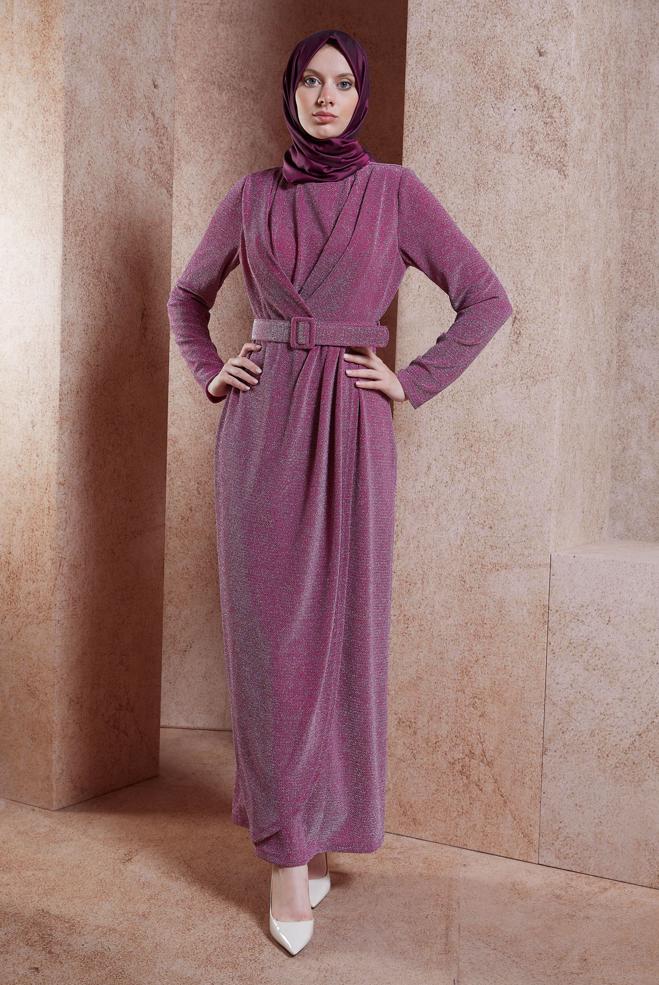 Tesettür giyim FUŞYA KEMERLİ SİMLİ ABİYE ELBİSE 50428 - ALVİNA
