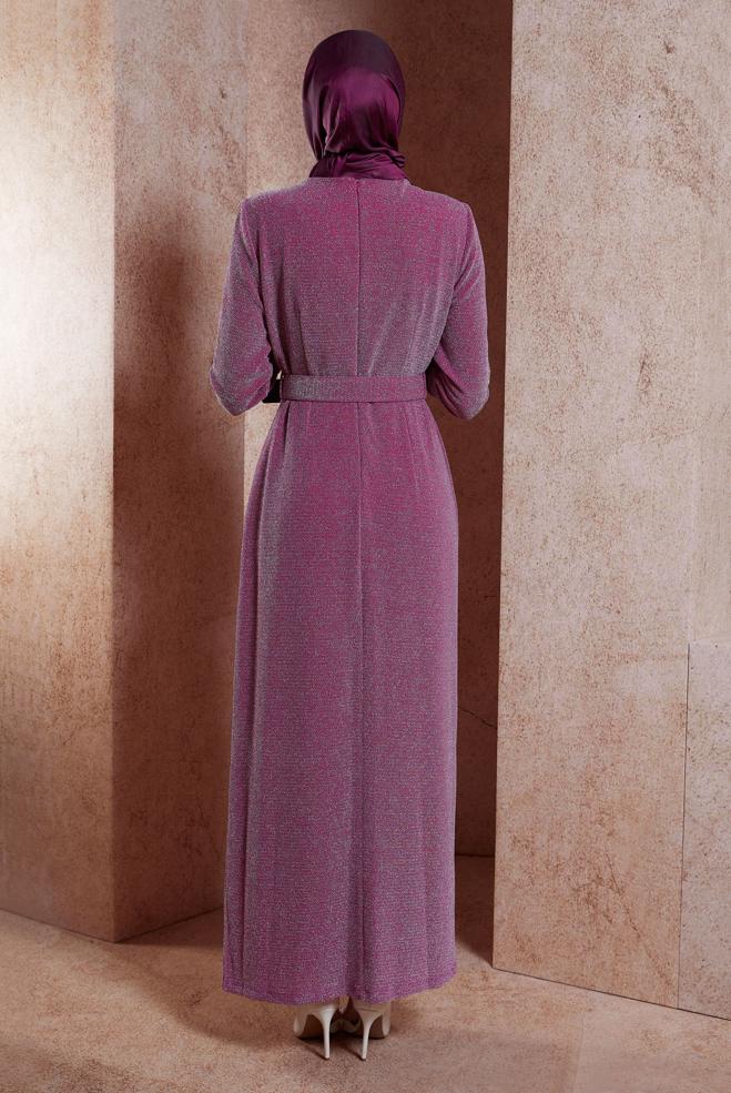 Tesettür giyim FUŞYA KEMERLİ SİMLİ ABİYE ELBİSE 50428 - ALVİNA