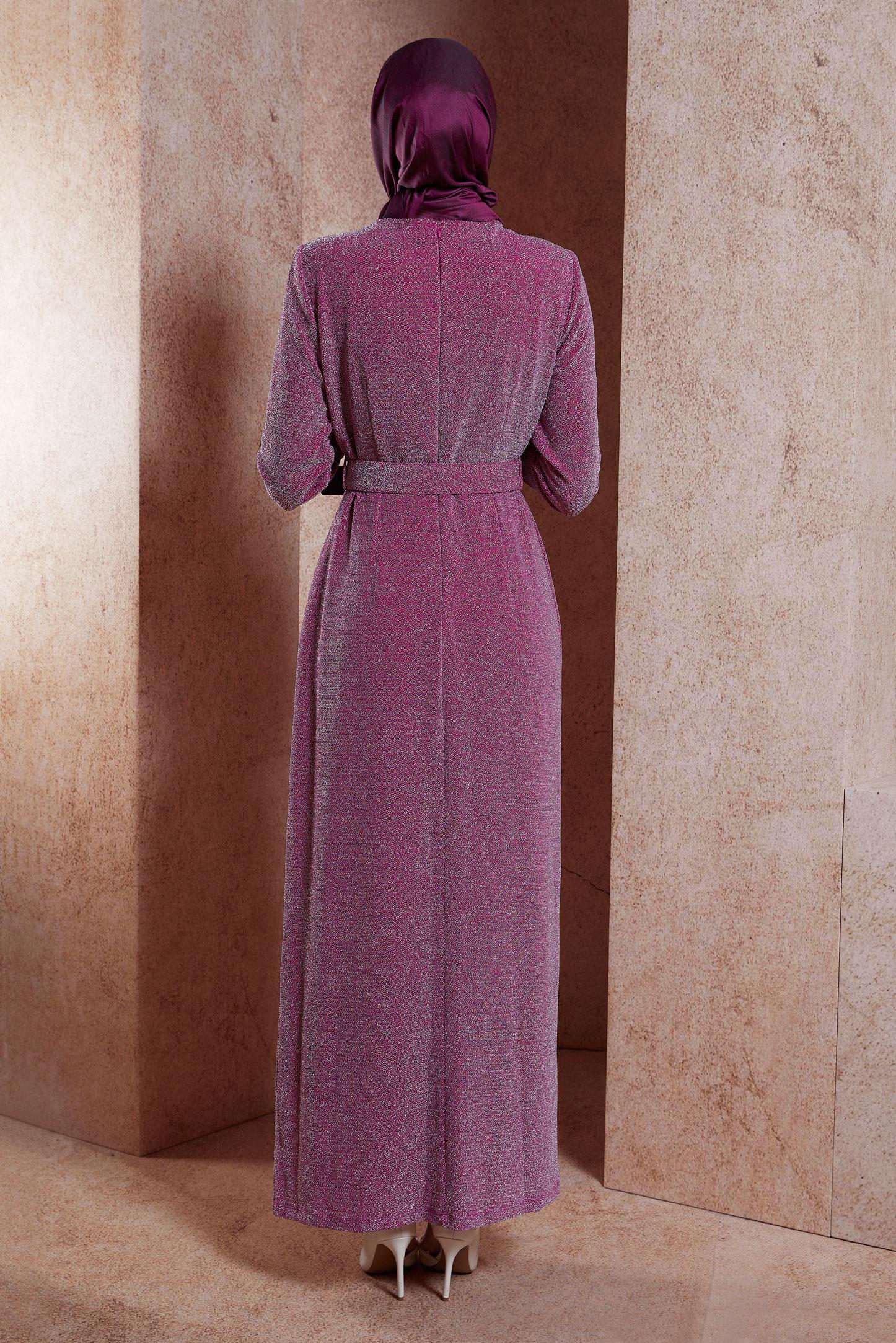 Tesettür giyim FUŞYA KEMERLİ SİMLİ ABİYE ELBİSE 50428