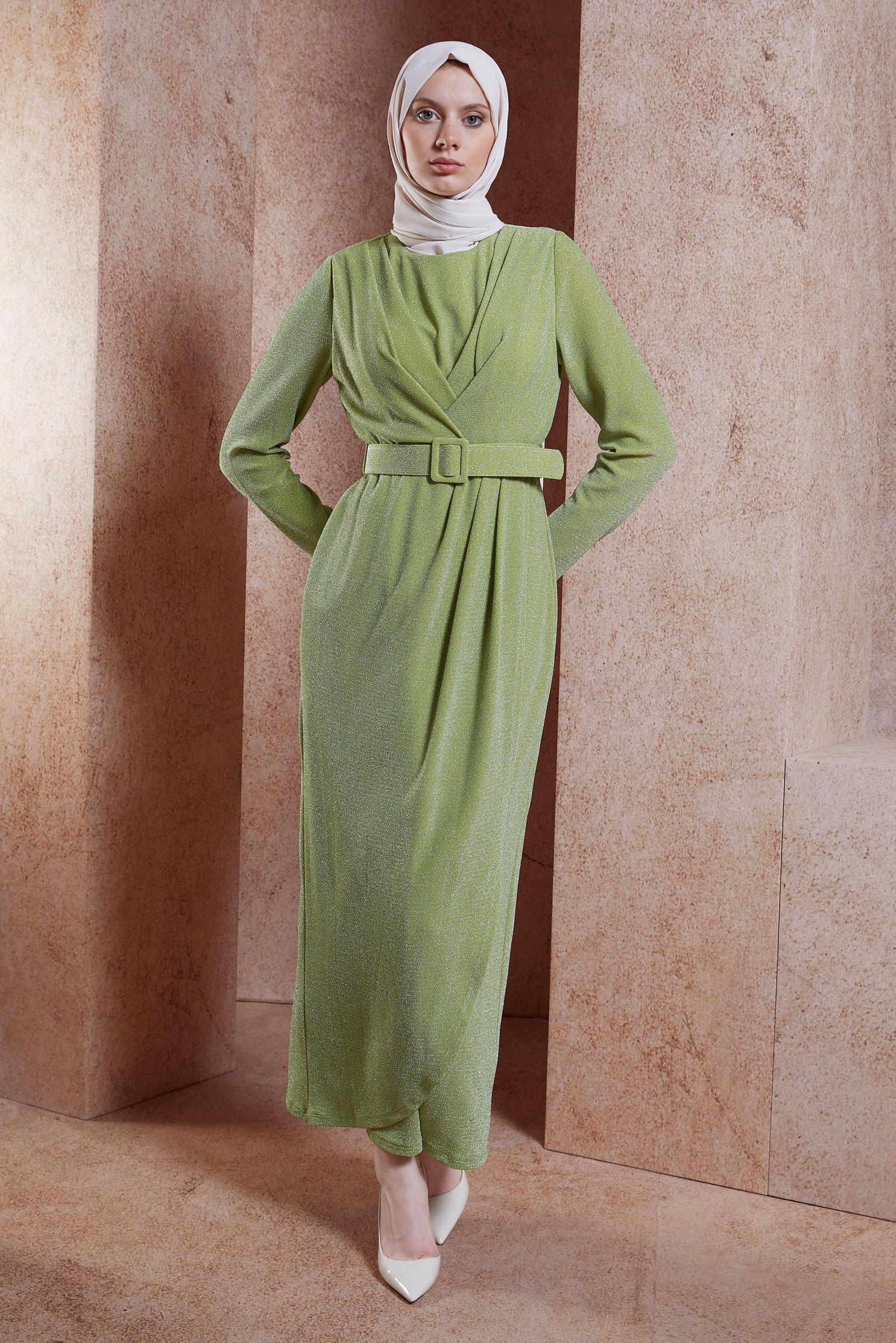 Tesettür giyim YEŞİL KEMERLİ SİMLİ ABİYE ELBİSE 50428