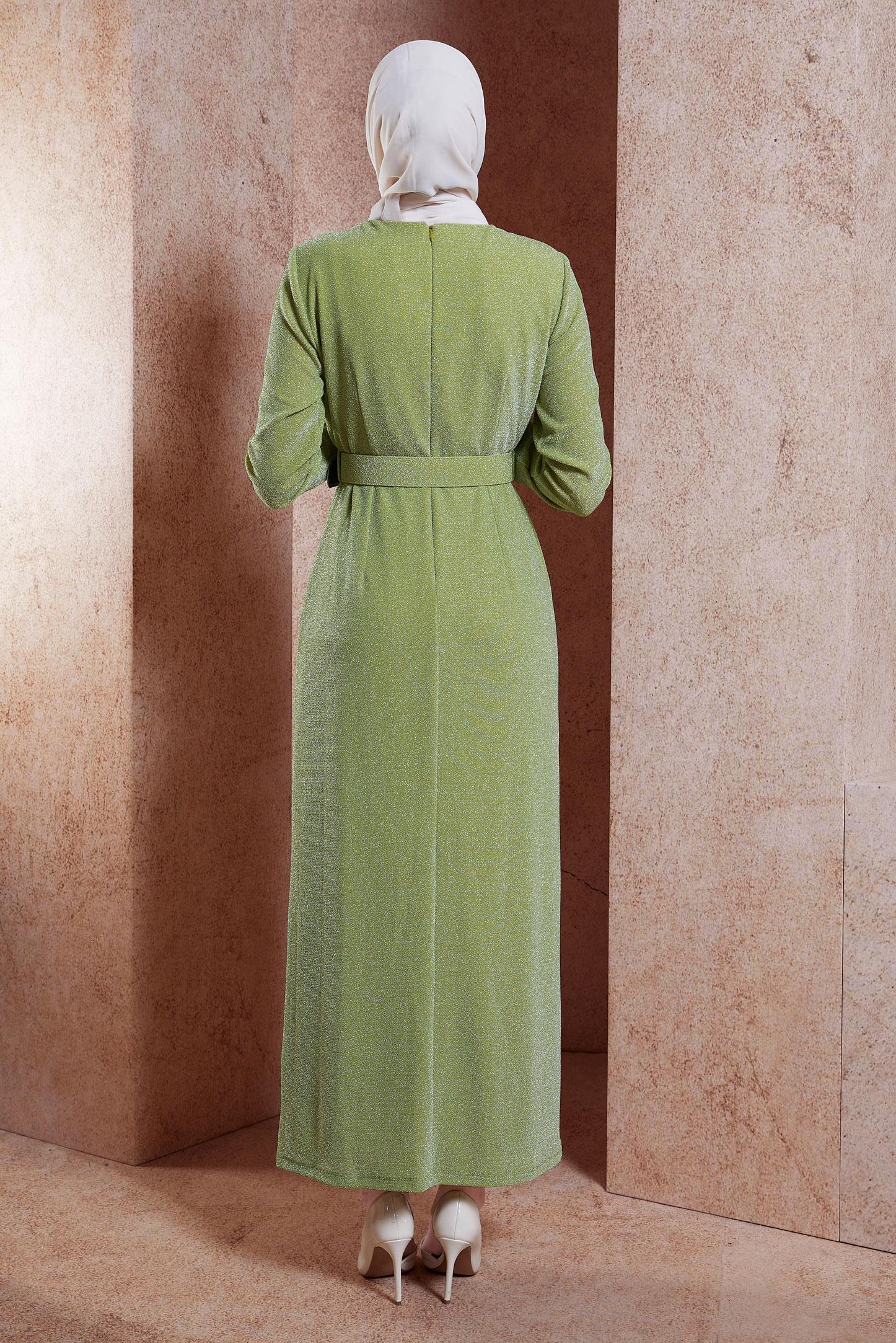 Tesettür giyim YEŞİL KEMERLİ SİMLİ ABİYE ELBİSE 50428