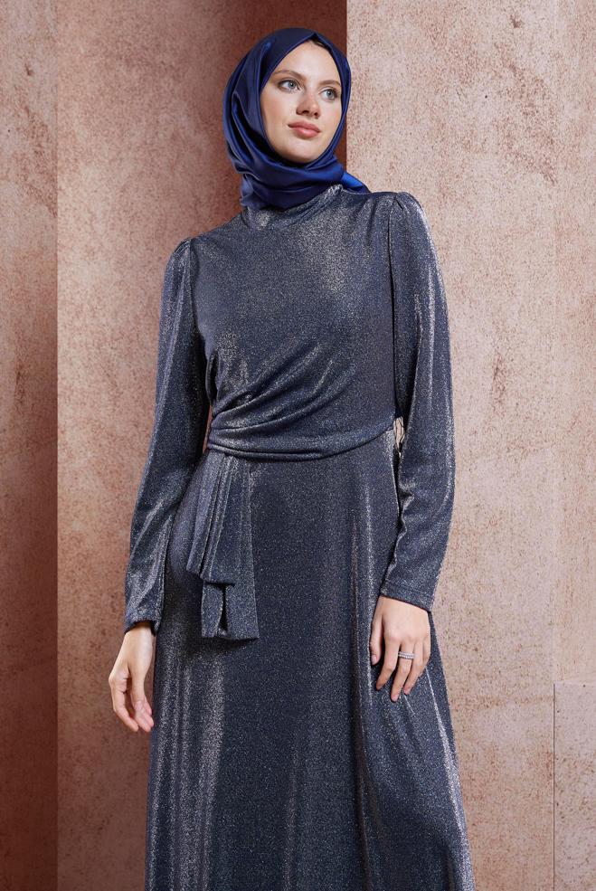 Tesettür giyim LACİVERT SİMLİ TESETTÜR ABİYE ELBİSE 50430 - ALVİNA