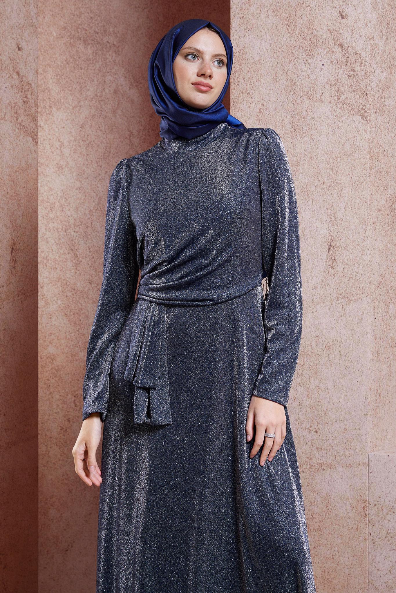 Tesettür giyim LACİVERT SİMLİ TESETTÜR ABİYE ELBİSE 50430