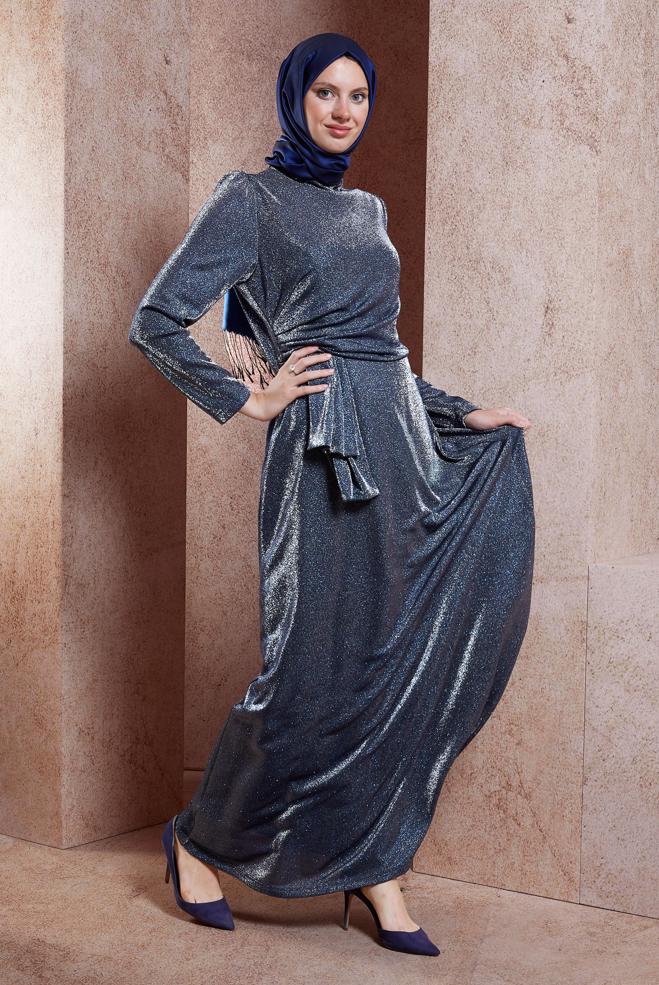 Tesettür giyim LACİVERT SİMLİ TESETTÜR ABİYE ELBİSE 50430 - ALVİNA