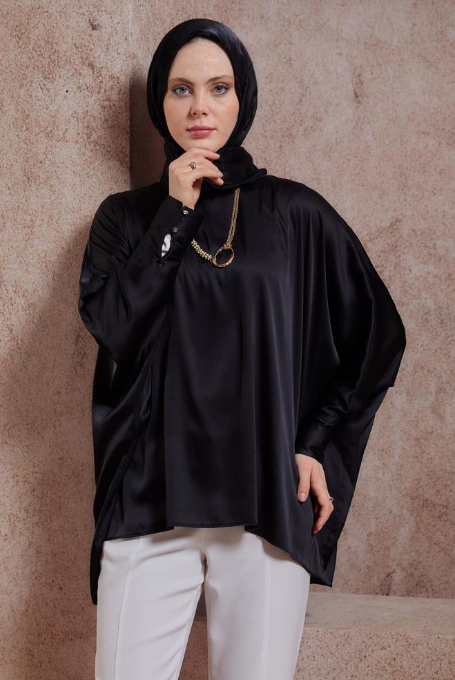 Tesettür giyim SİYAH YARASA KOL SATEN BLUZ 44410 - ALVİNA