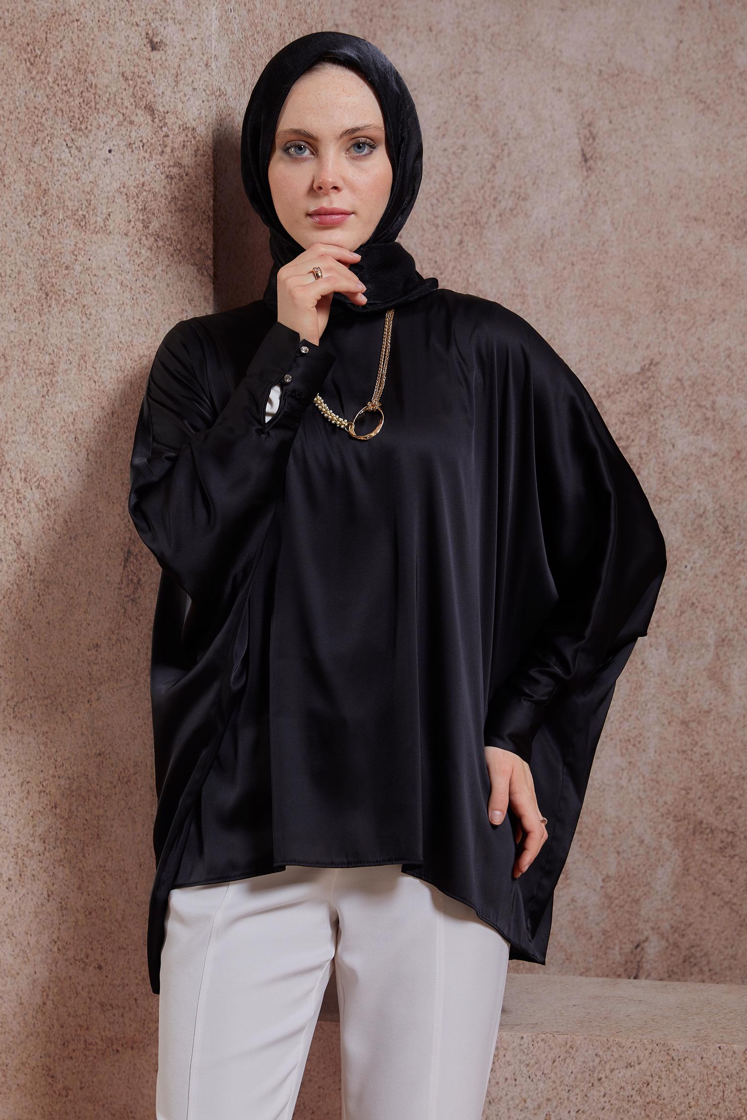 Tesettür giyim SİYAH YARASA KOL SATEN BLUZ 44410
