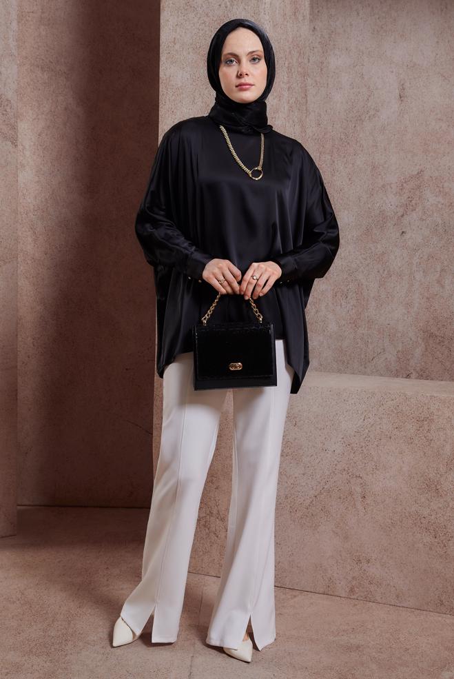 Tesettür giyim SİYAH YARASA KOL SATEN BLUZ 44410 - ALVİNA