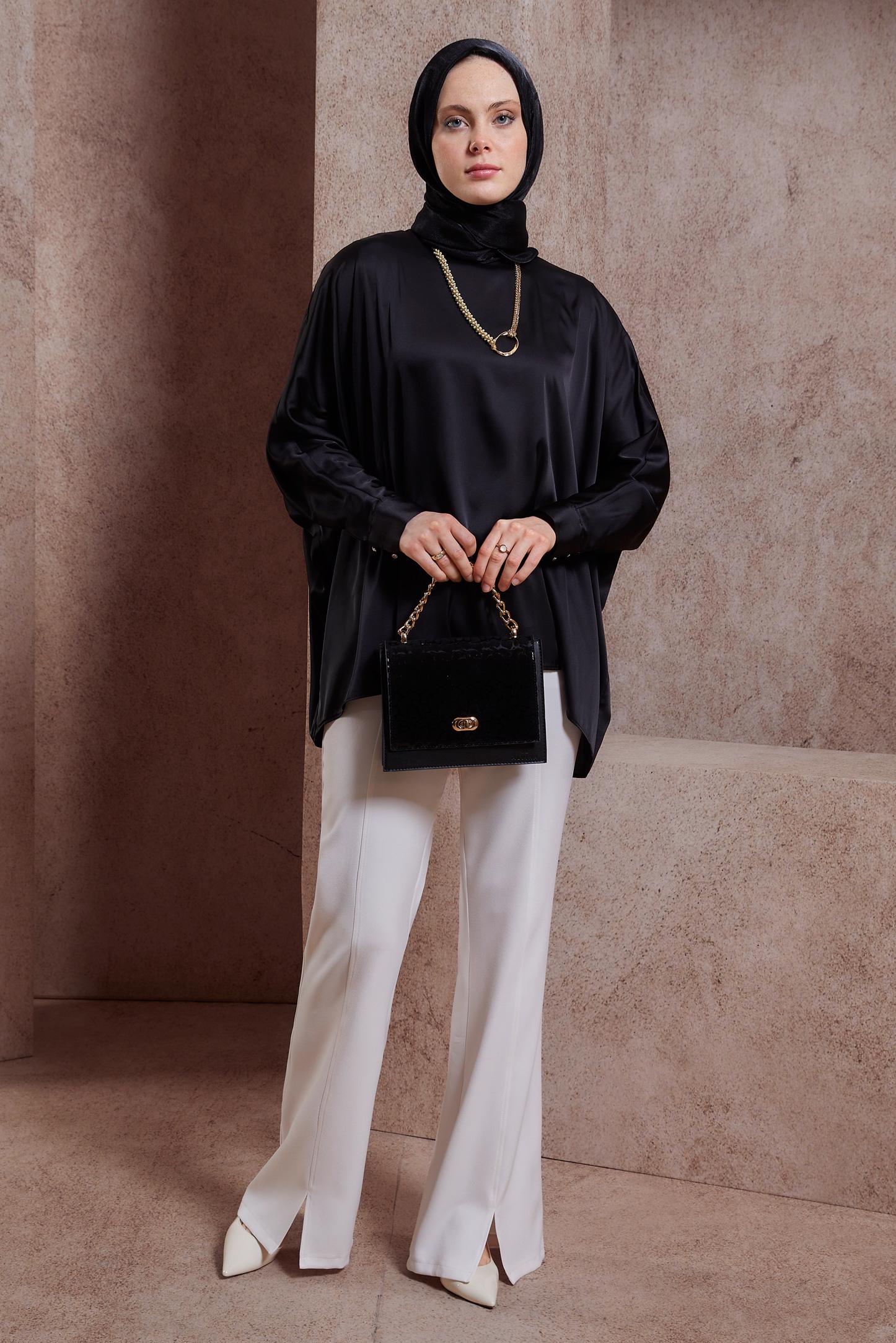 Tesettür giyim SİYAH YARASA KOL SATEN BLUZ 44410