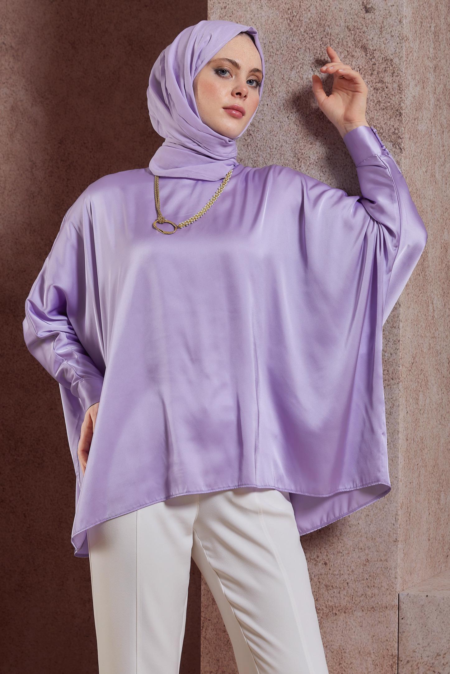 Tesettür giyim MOR YARASA KOL SATEN BLUZ 44410
