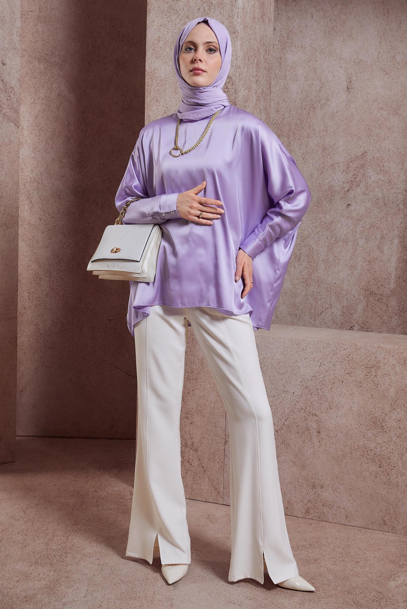 Tesettür giyim MOR YARASA KOL SATEN BLUZ 44410