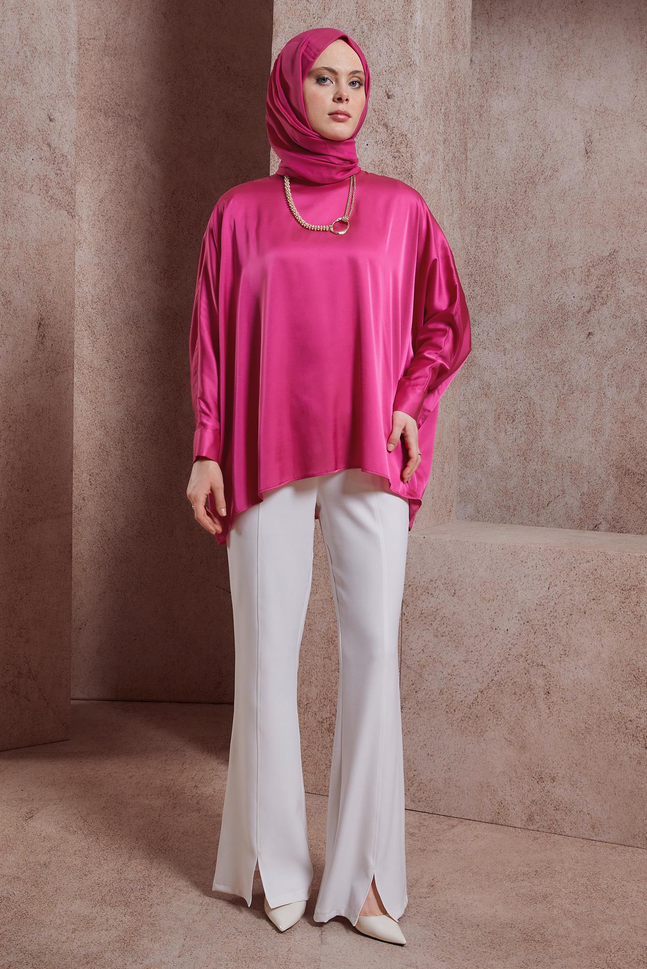 Tesettür giyim FUŞYA YARASA KOL SATEN BLUZ 44410