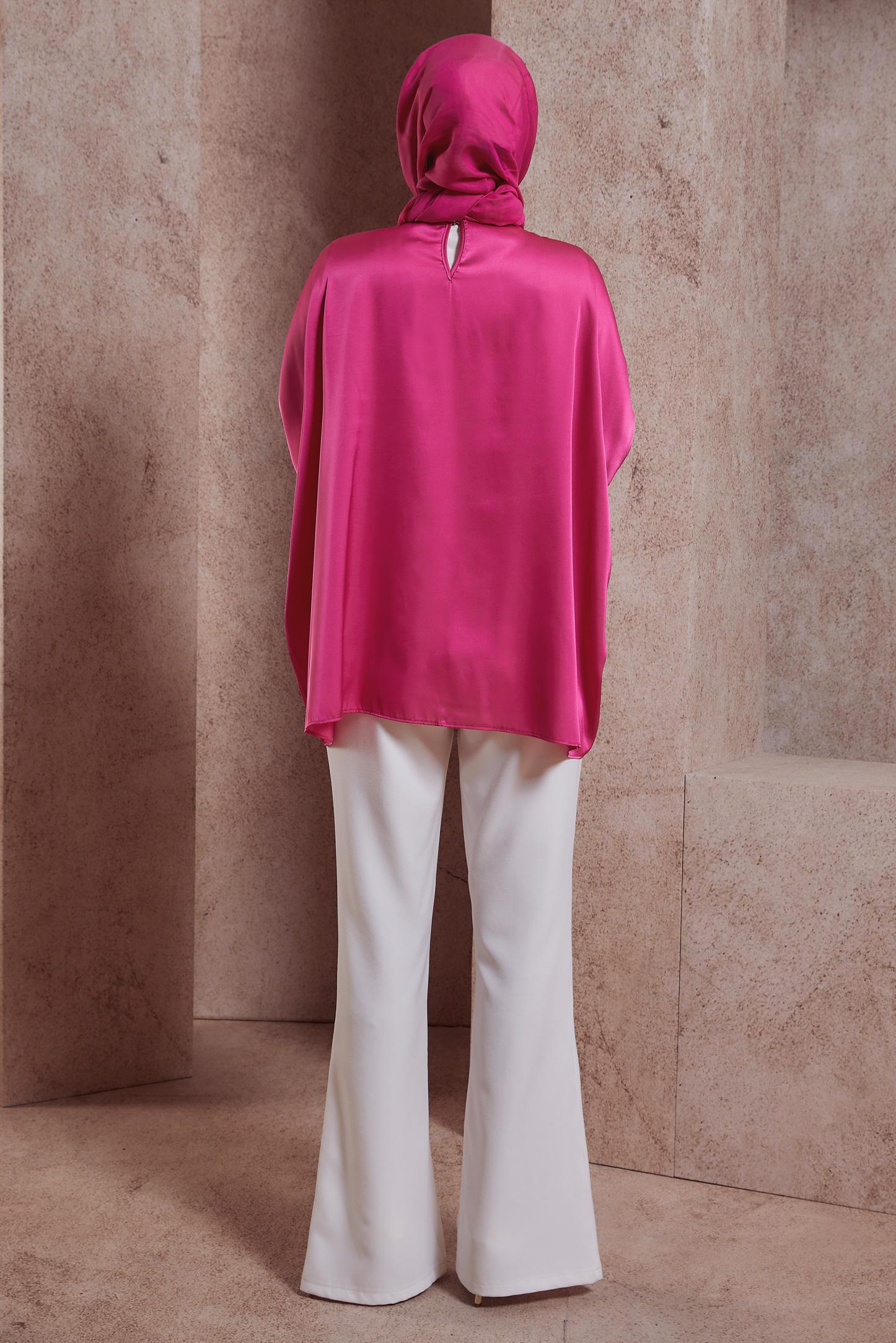 Tesettür giyim FUŞYA YARASA KOL SATEN BLUZ 44410