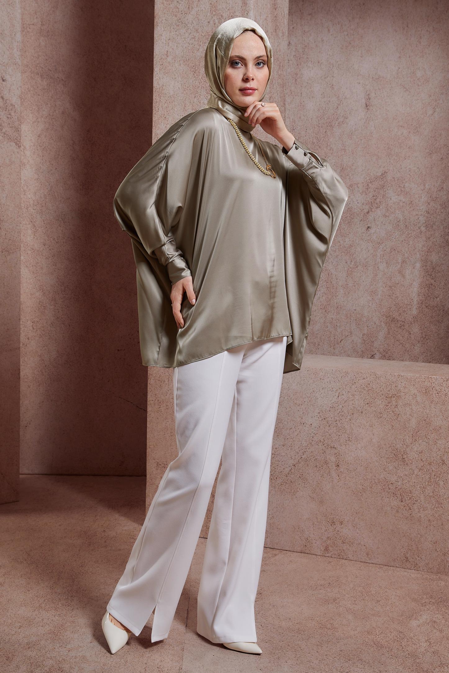 Tesettür giyim VİZON YARASA KOL SATEN BLUZ 44410