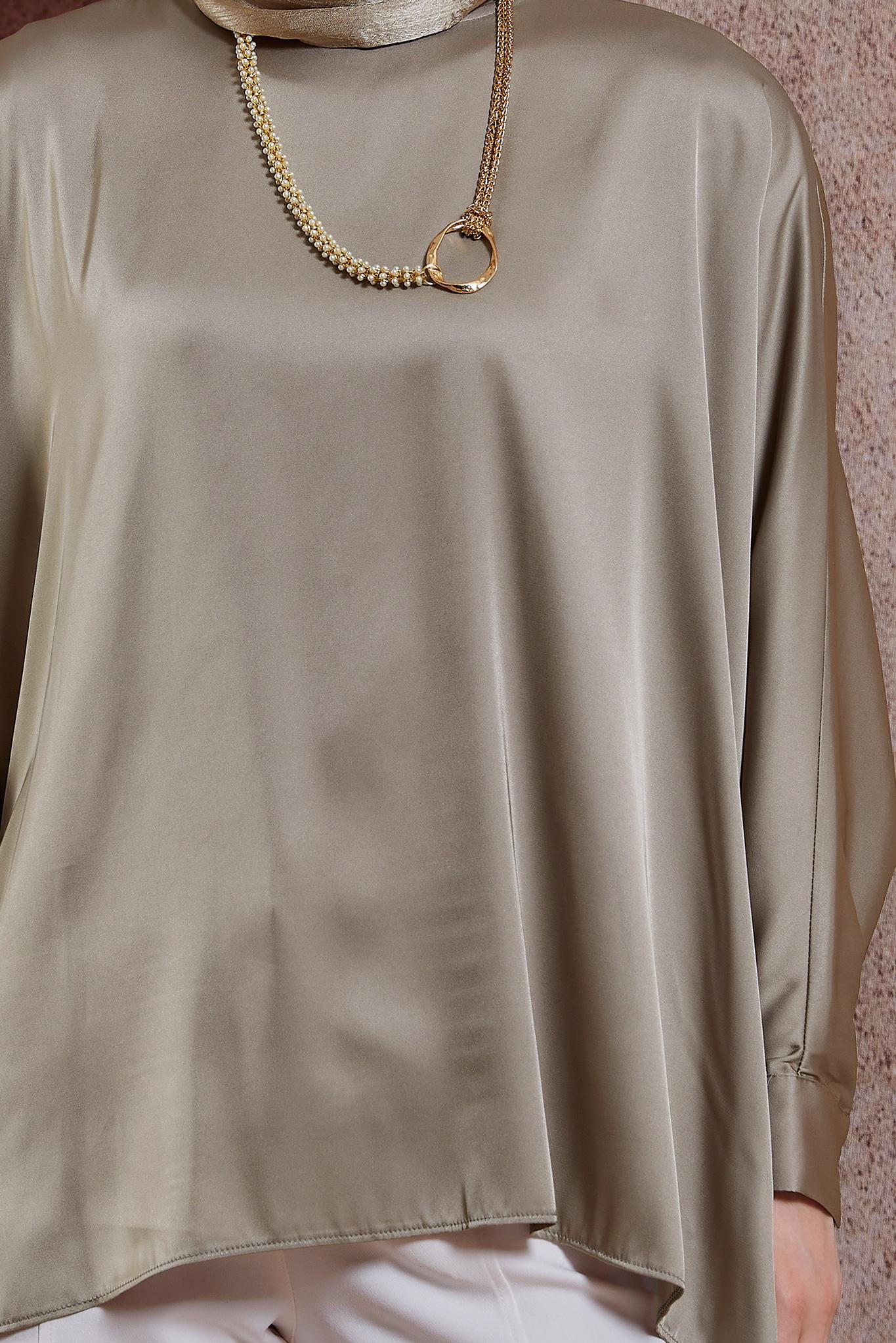 Tesettür giyim VİZON YARASA KOL SATEN BLUZ 44410