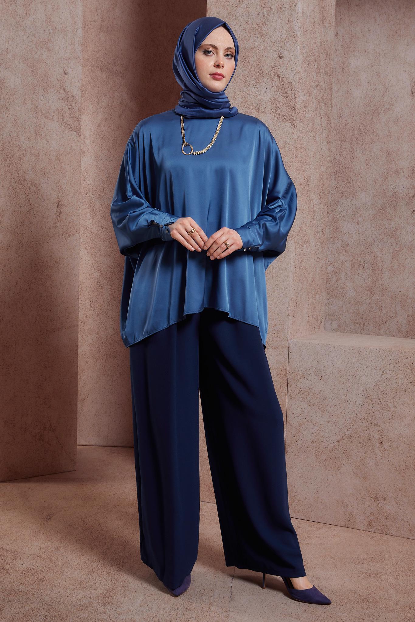 Tesettür giyim LACİVERT YARASA KOL SATEN BLUZ 44410