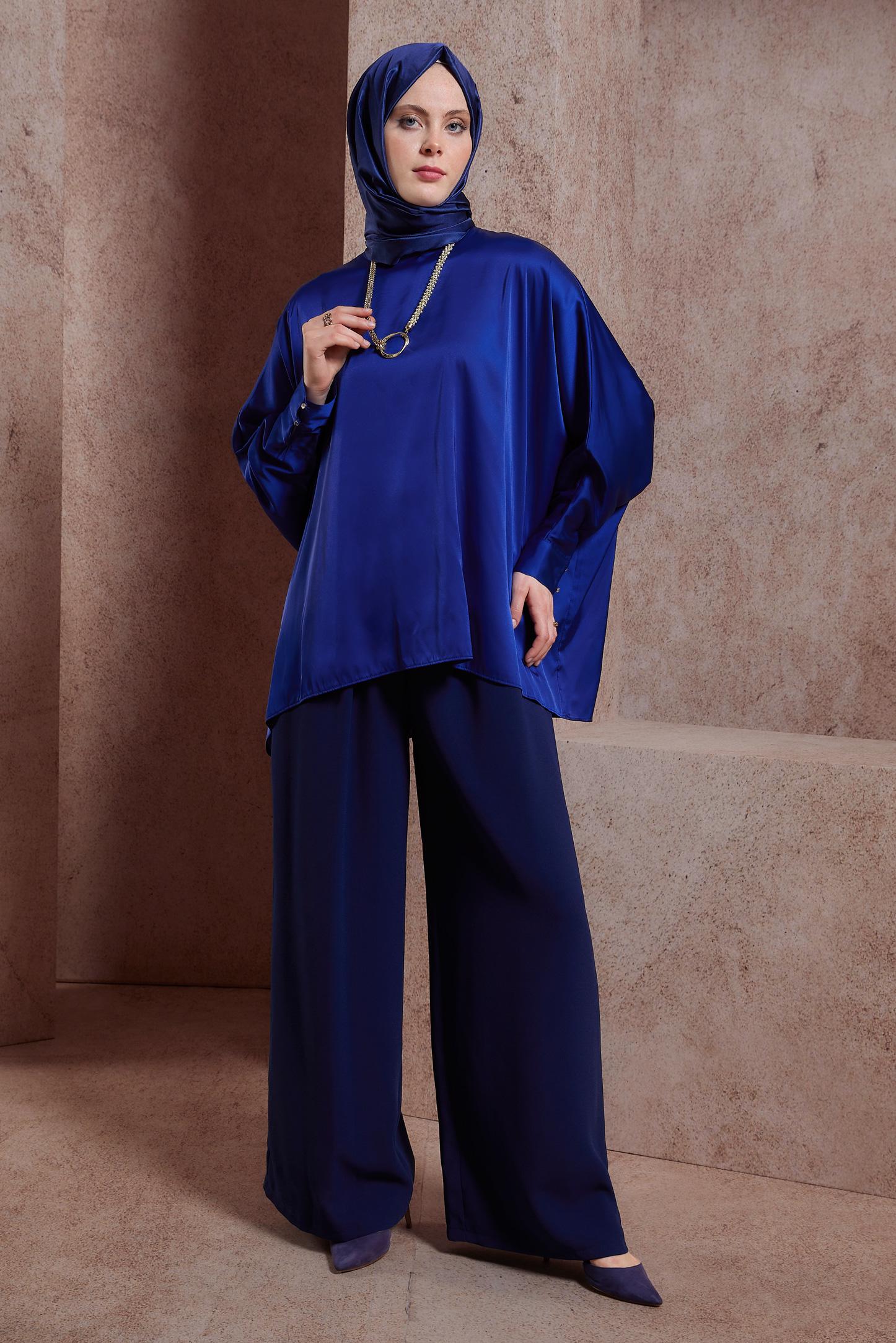 Tesettür giyim LACİVERT YARASA KOL SATEN BLUZ 44410