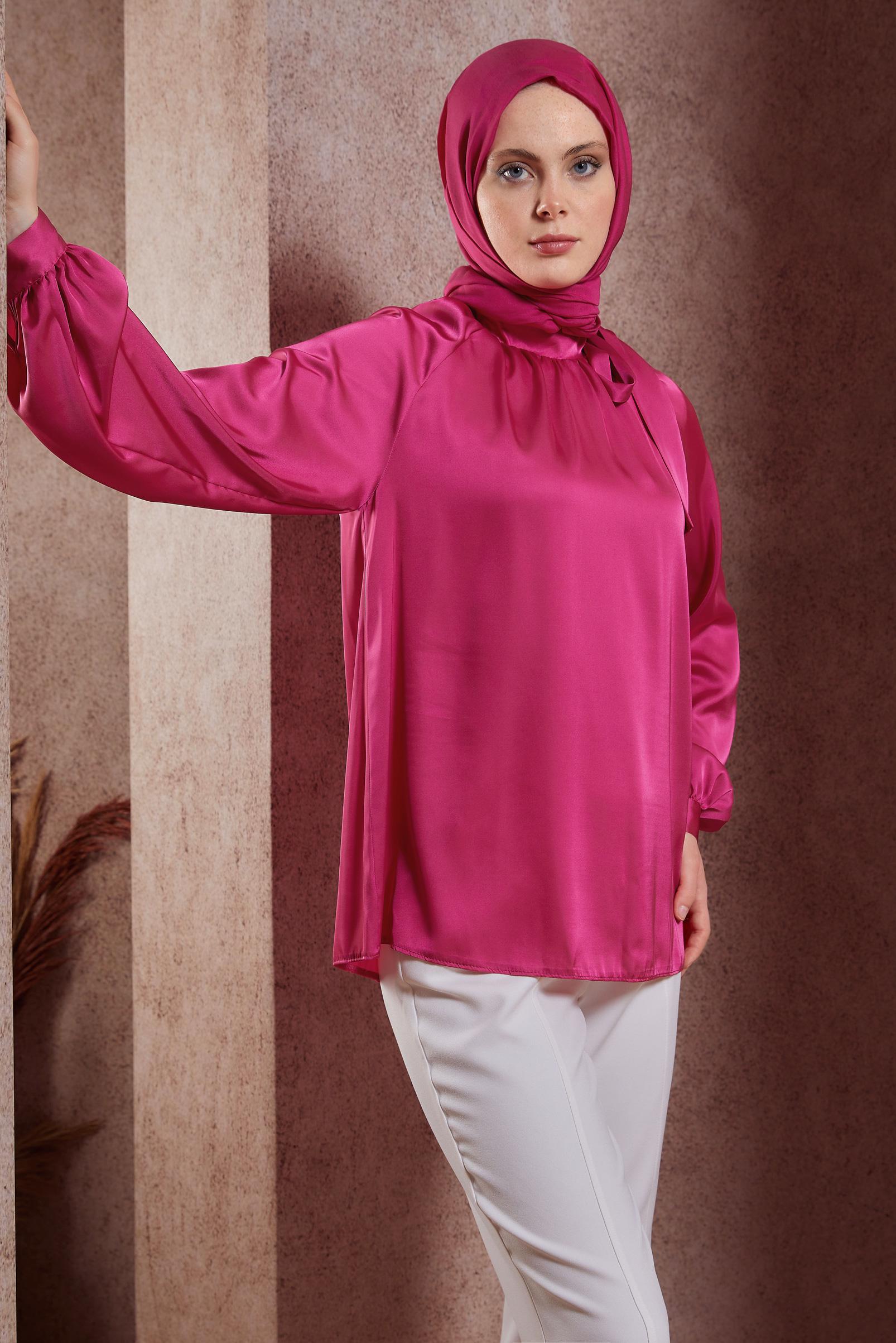 Tesettür giyim FUŞYA BAĞLAMA DETAYLI SATEN BLUZ 44428