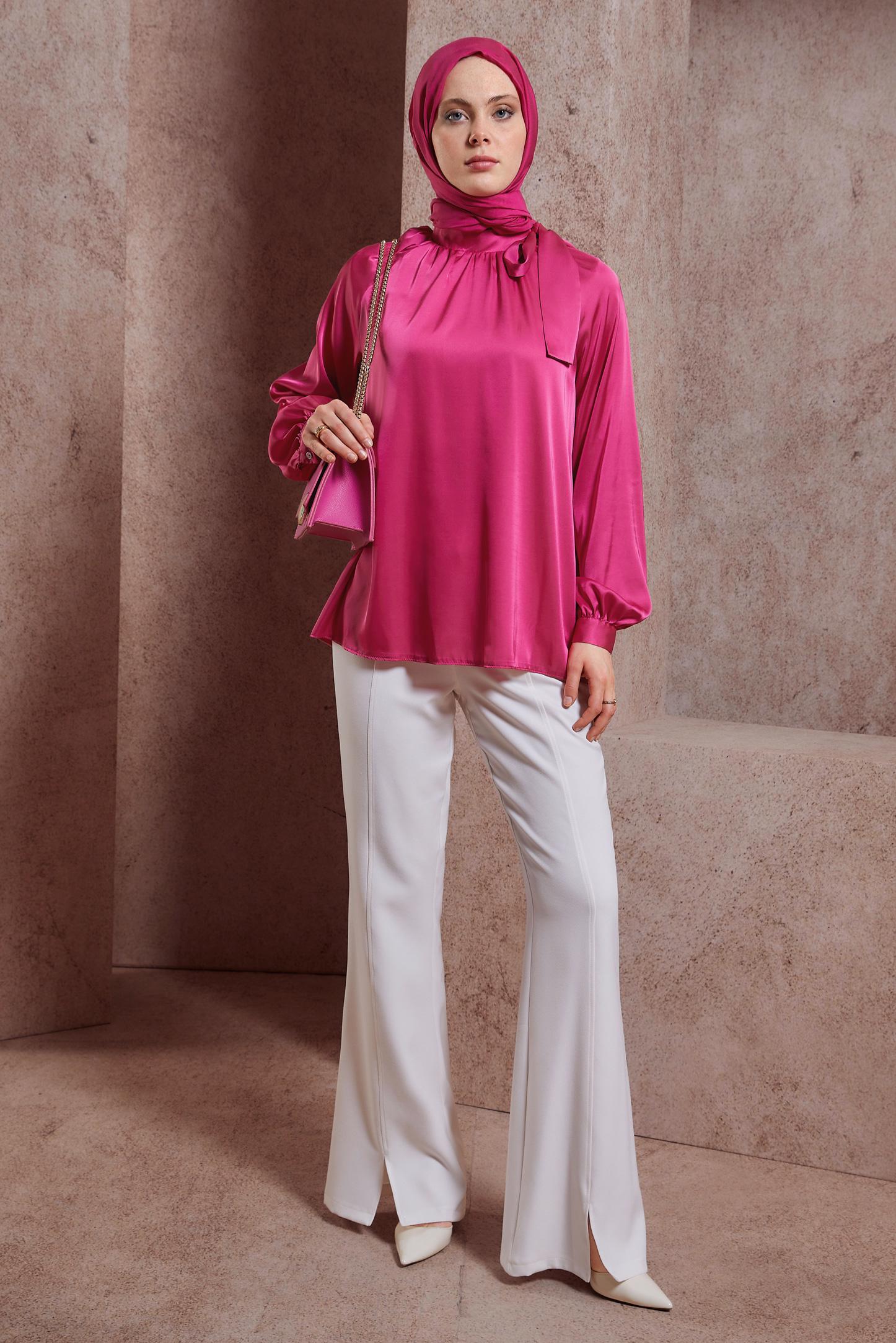 Tesettür giyim FUŞYA BAĞLAMA DETAYLI SATEN BLUZ 44428