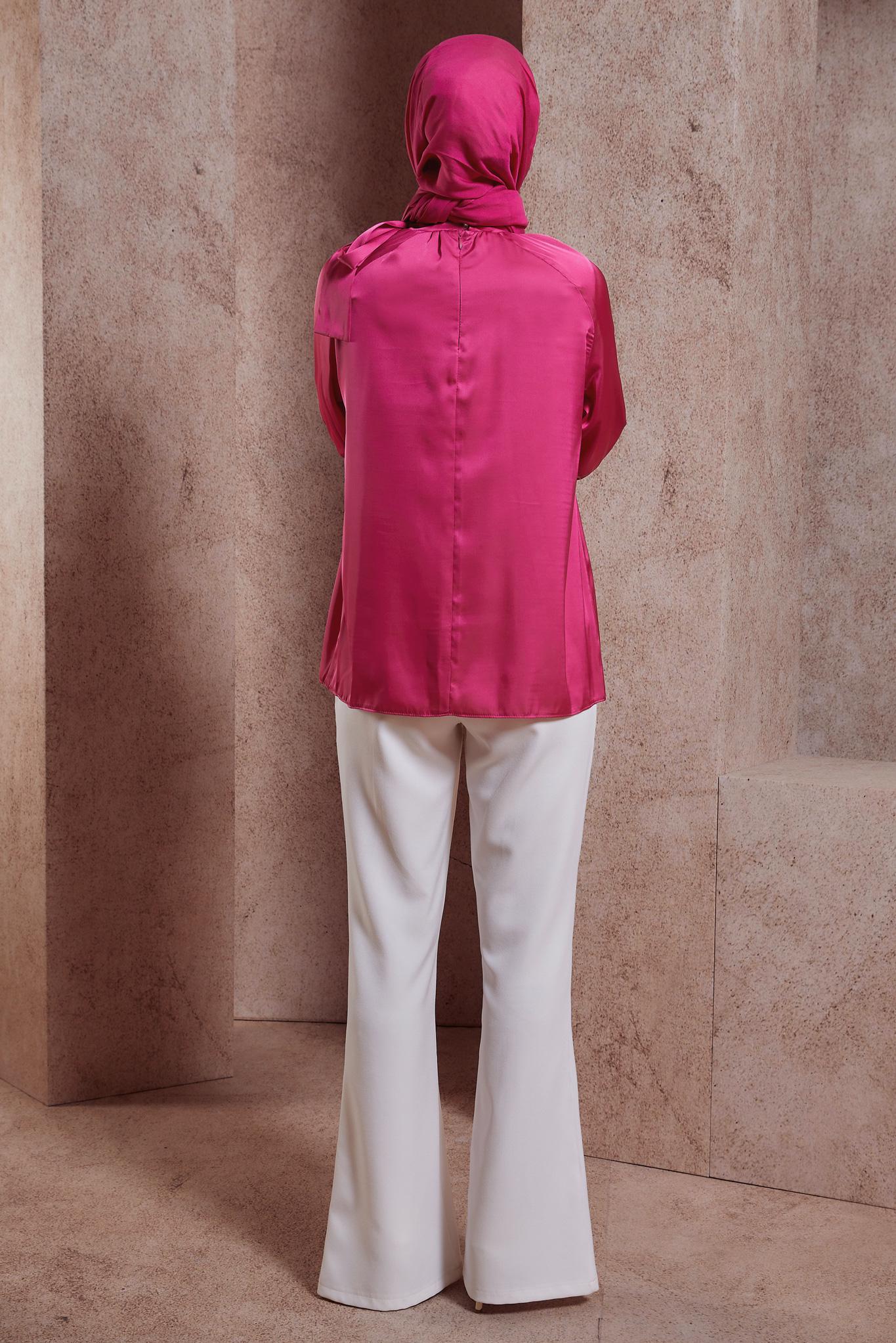 Tesettür giyim FUŞYA BAĞLAMA DETAYLI SATEN BLUZ 44428