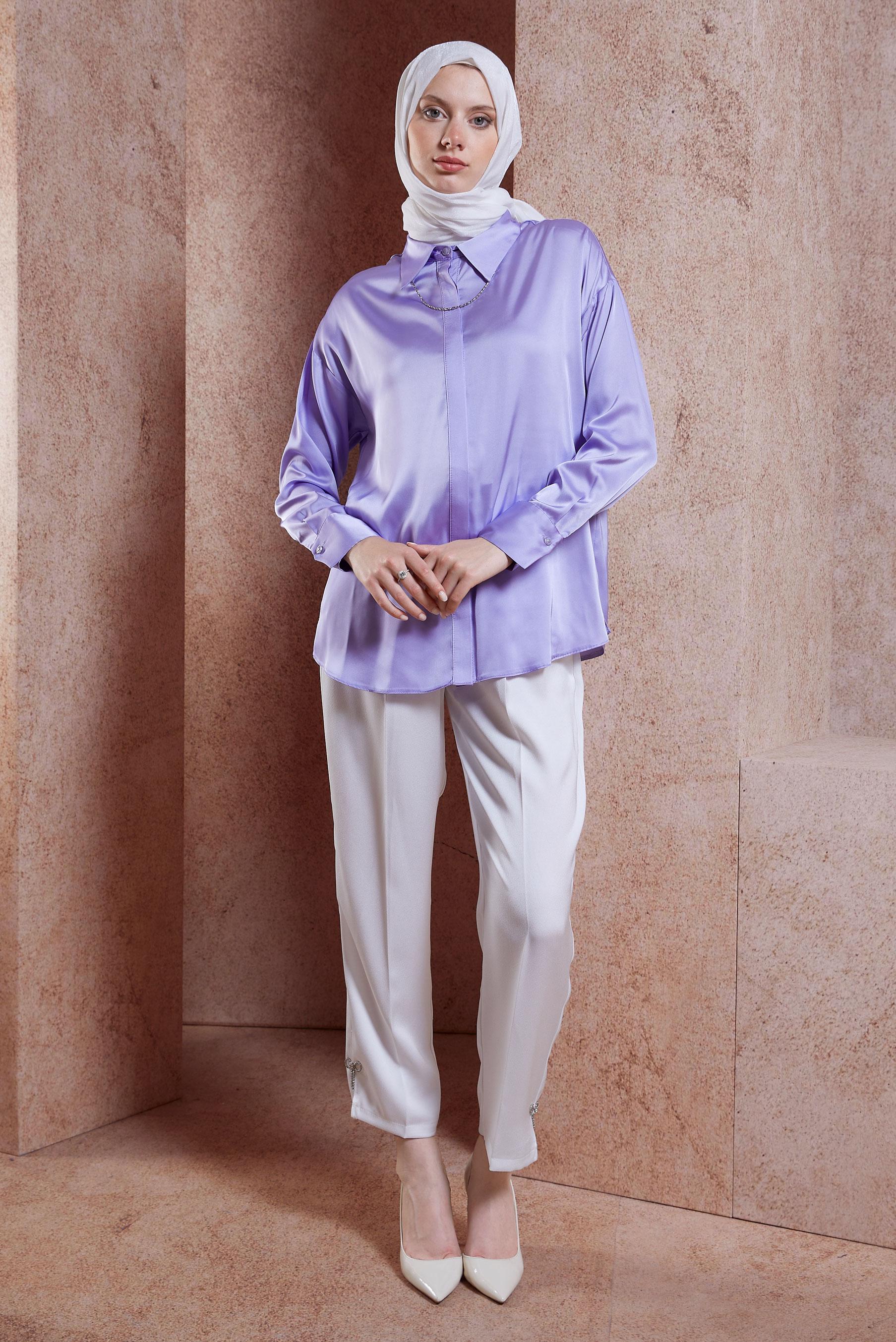 Tesettür giyim MOR SATEN GÖMLEK BLUZ 44430