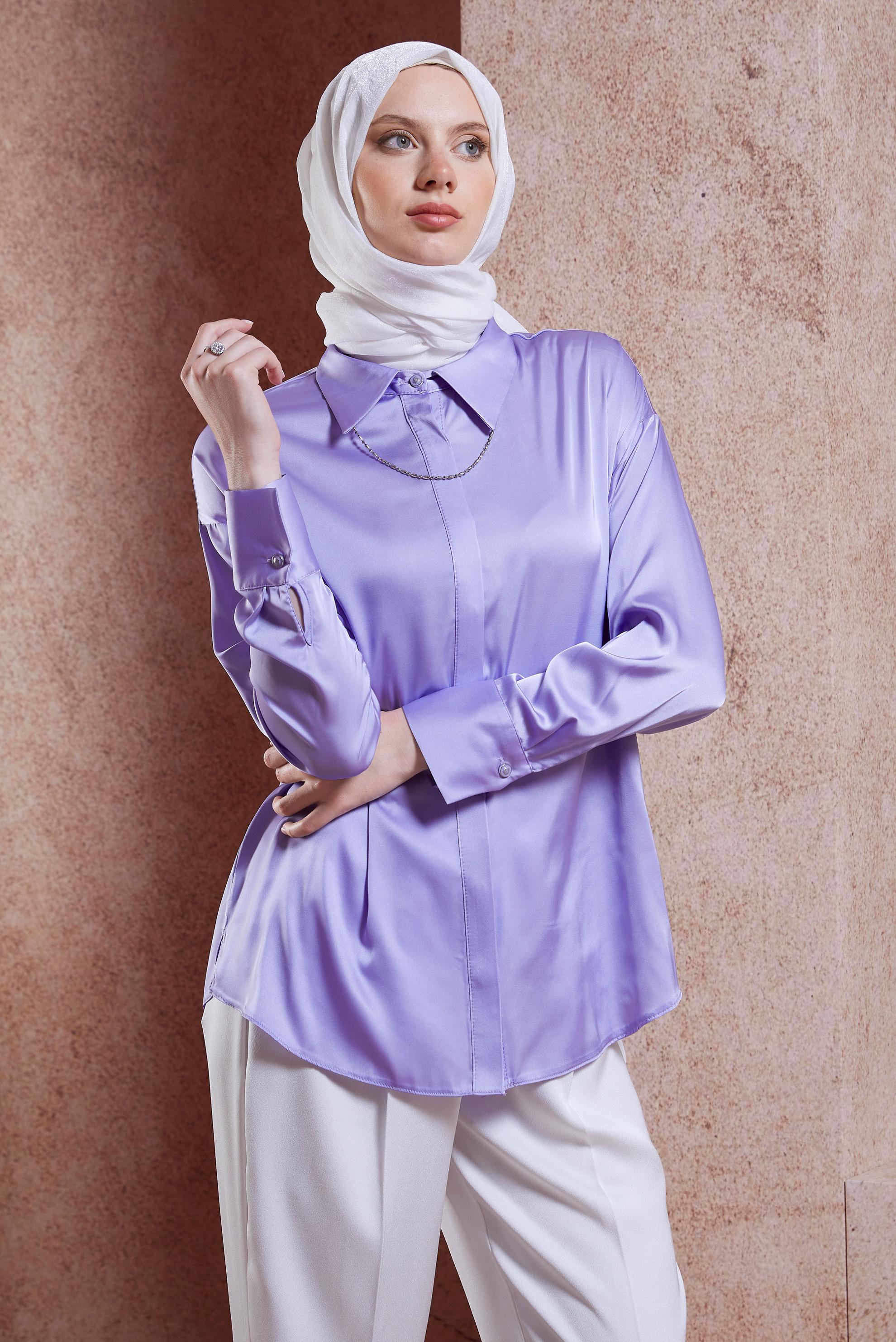 Tesettür giyim MOR SATEN GÖMLEK BLUZ 44430