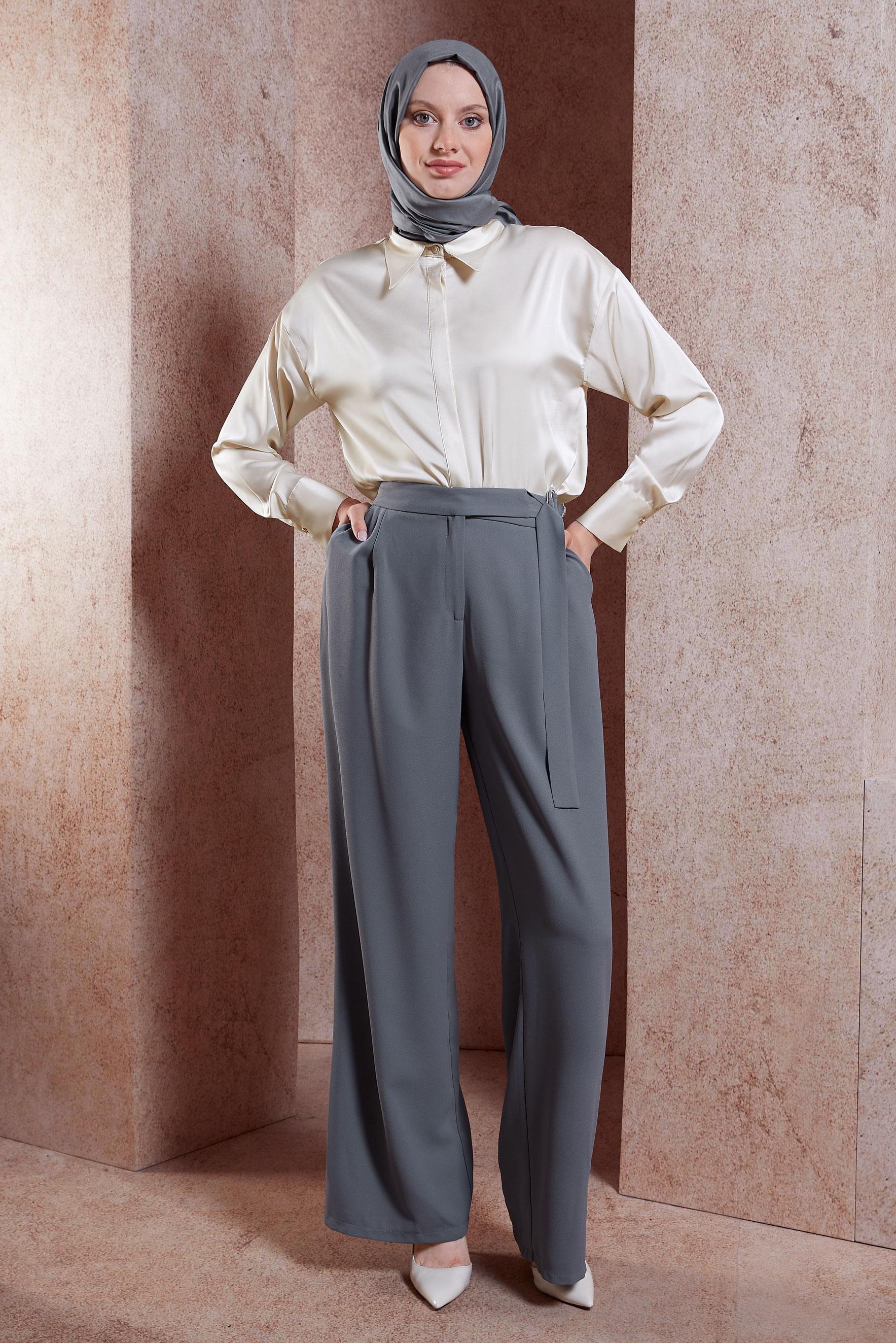 Tesettür giyim EKRU SATEN GÖMLEK BLUZ 44430