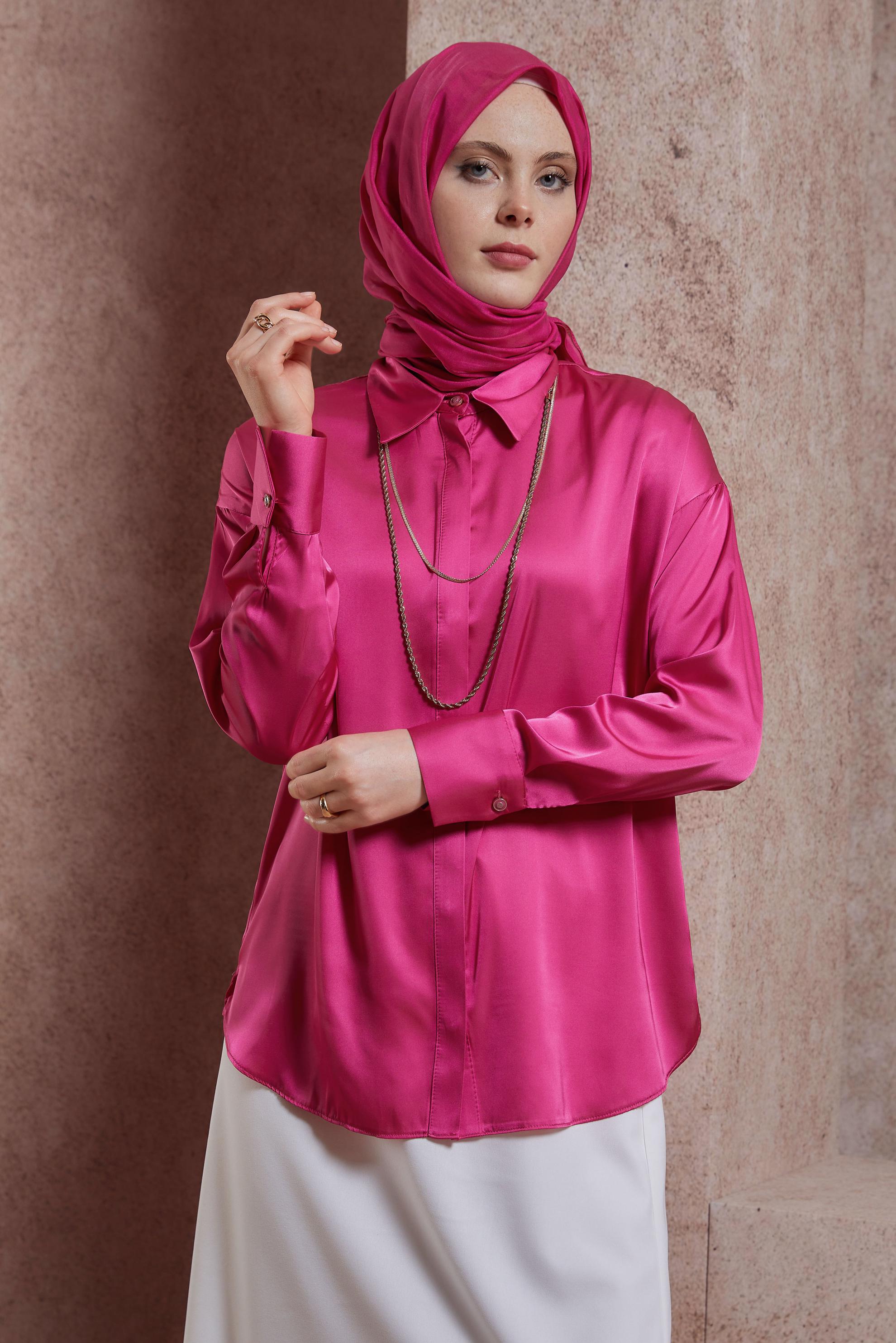 Tesettür giyim FUŞYA SATEN GÖMLEK BLUZ 44430