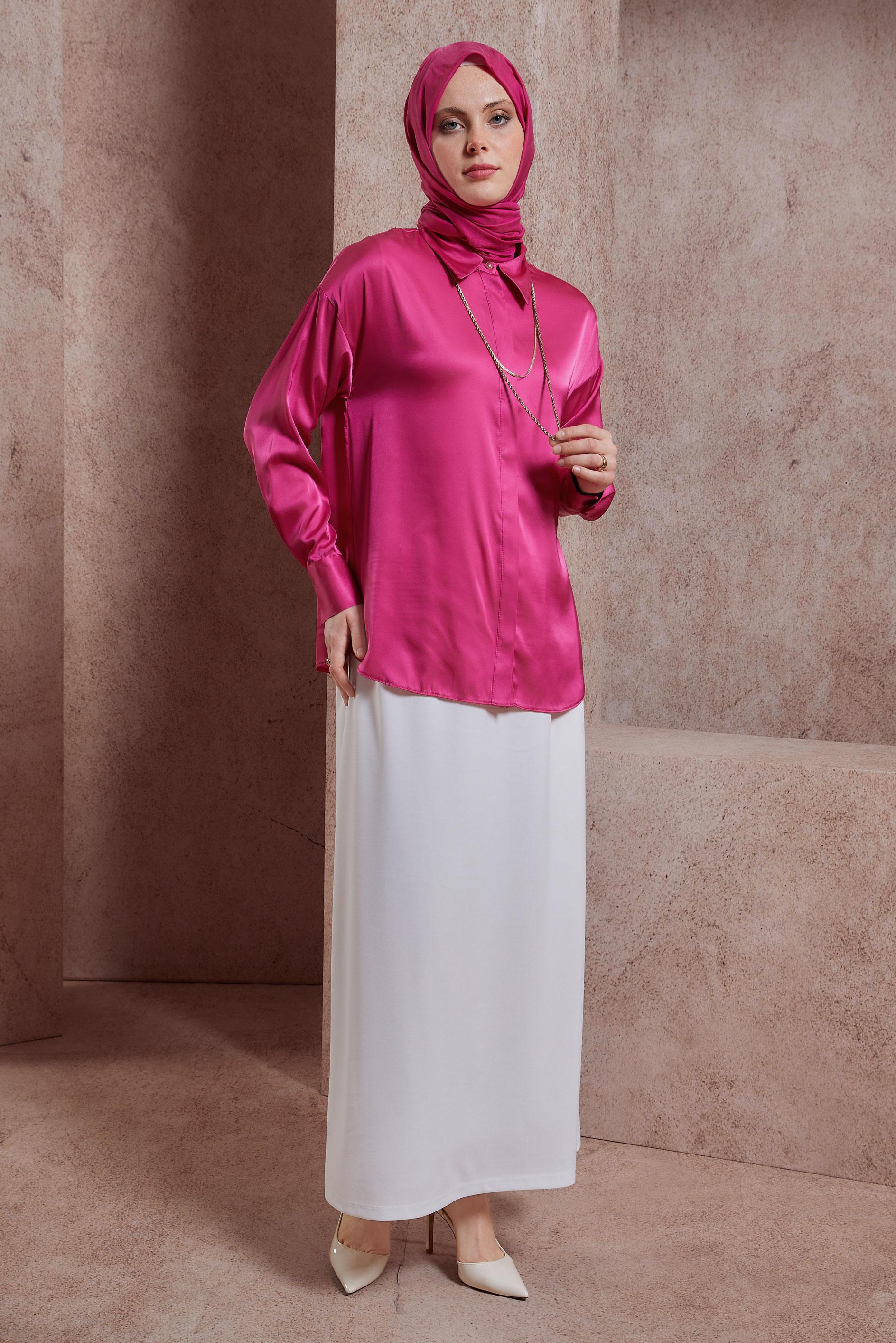 Tesettür giyim FUŞYA SATEN GÖMLEK BLUZ 44430