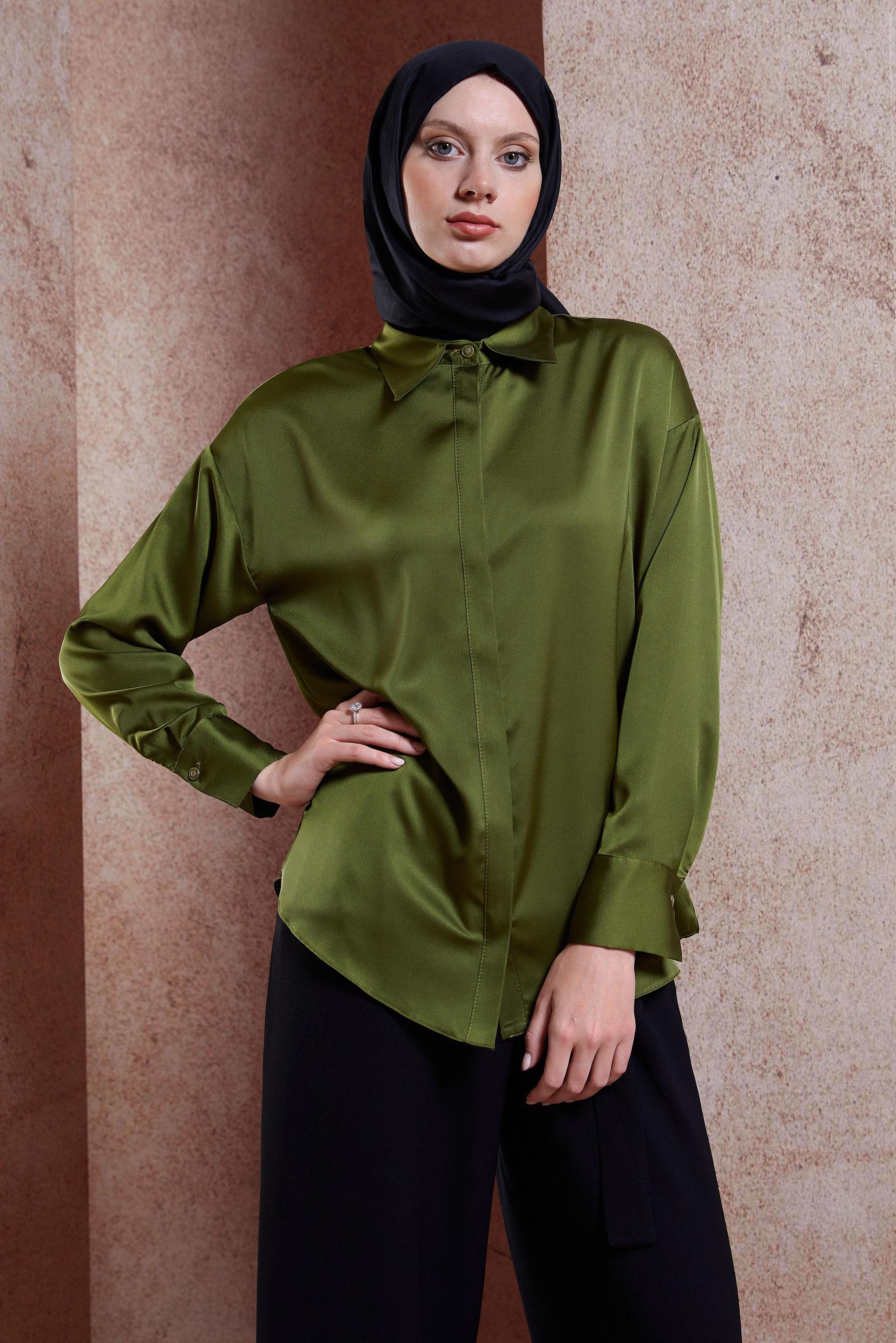 Tesettür giyim HAKİ SATEN GÖMLEK BLUZ 44430