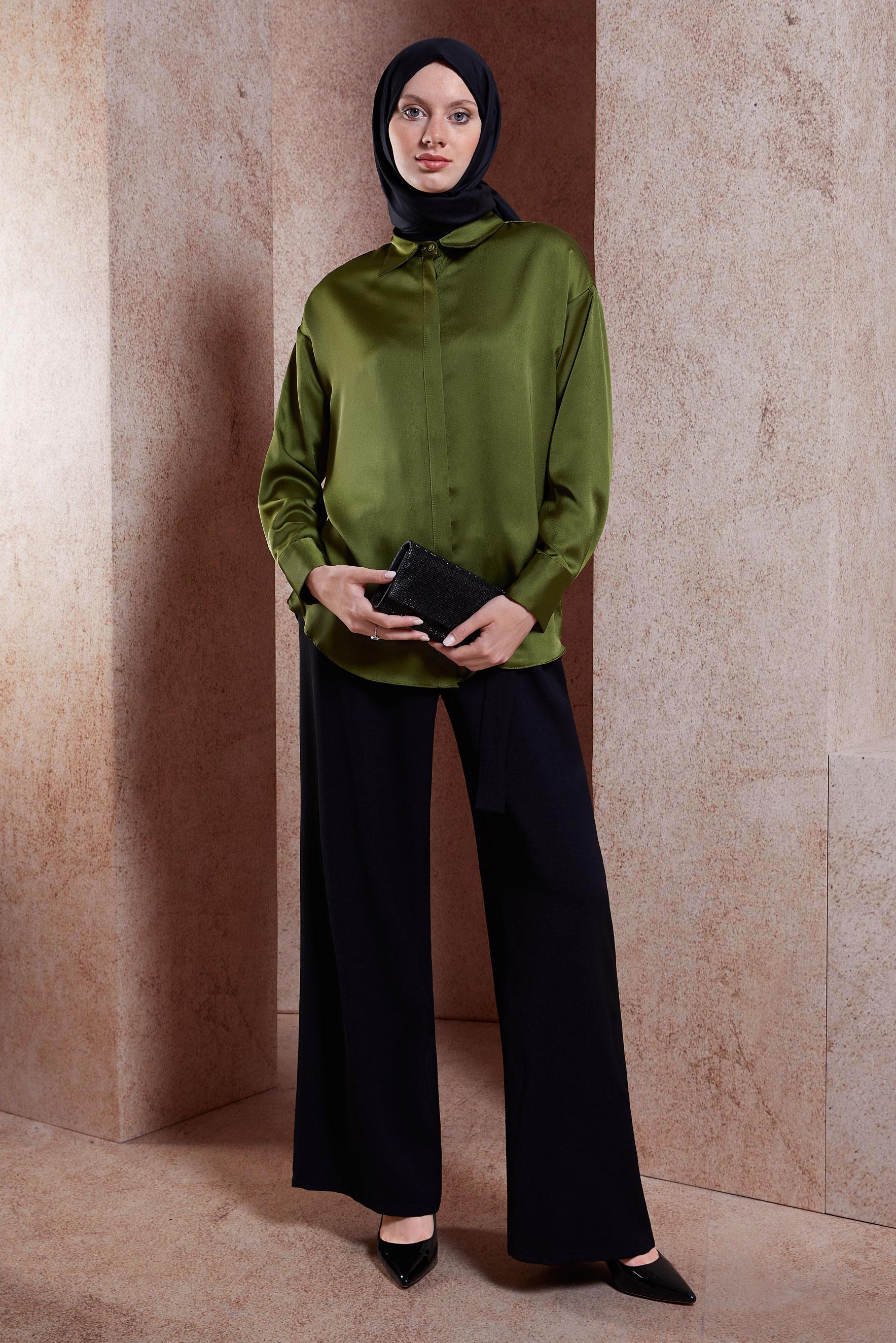 Tesettür giyim HAKİ SATEN GÖMLEK BLUZ 44430