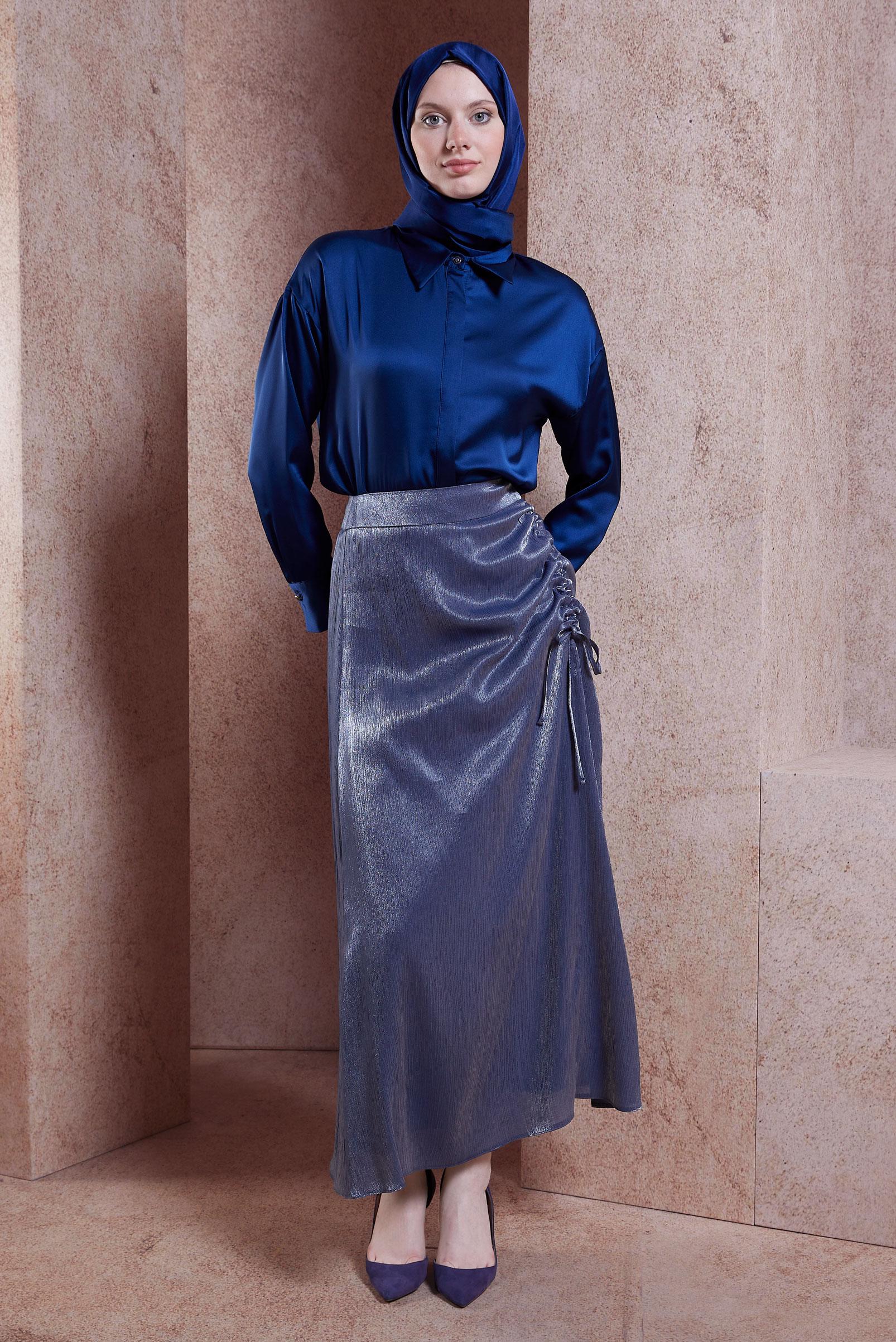 Tesettür giyim LACİVERT SATEN GÖMLEK BLUZ 44430