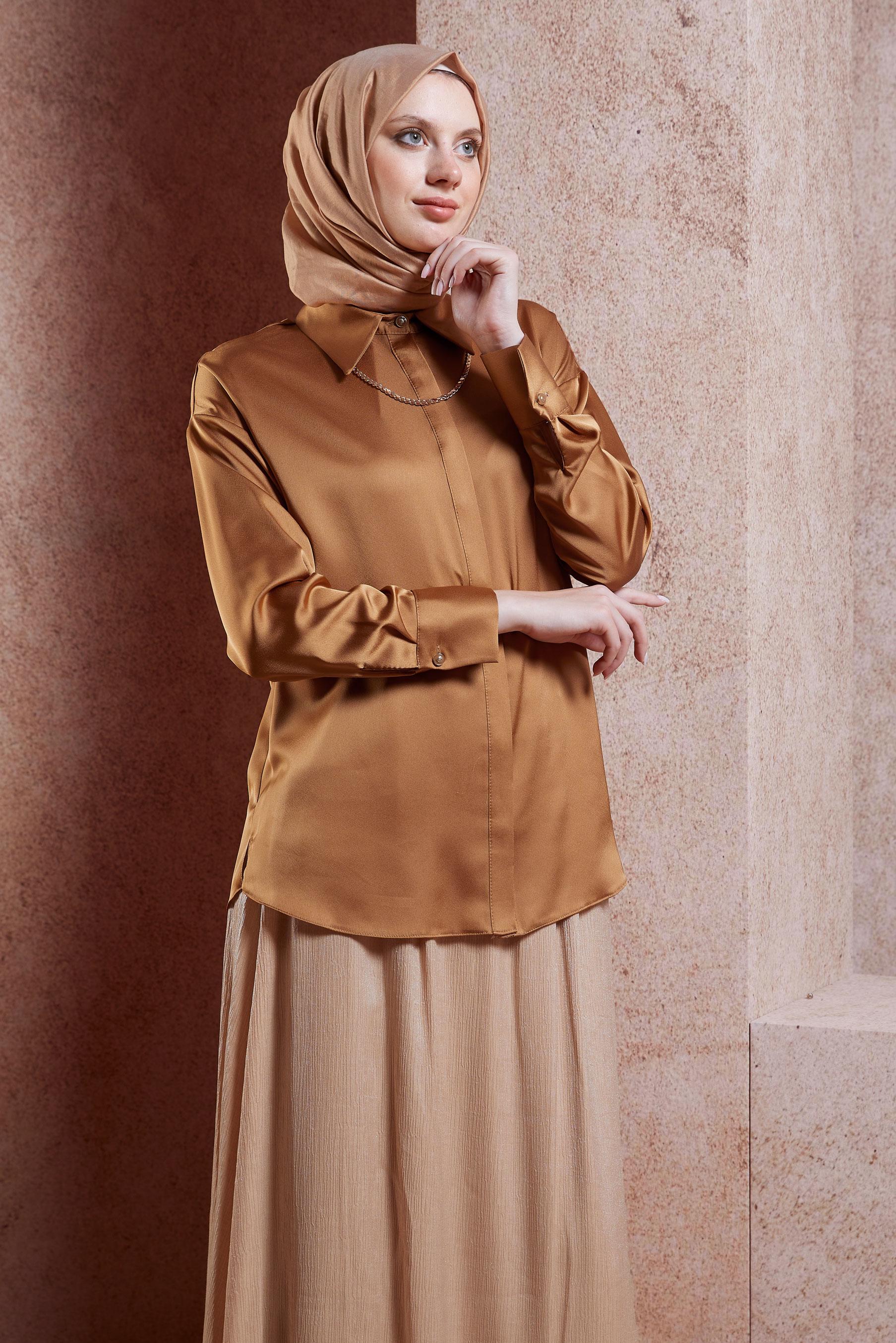 Tesettür giyim TABA SATEN GÖMLEK BLUZ 44430