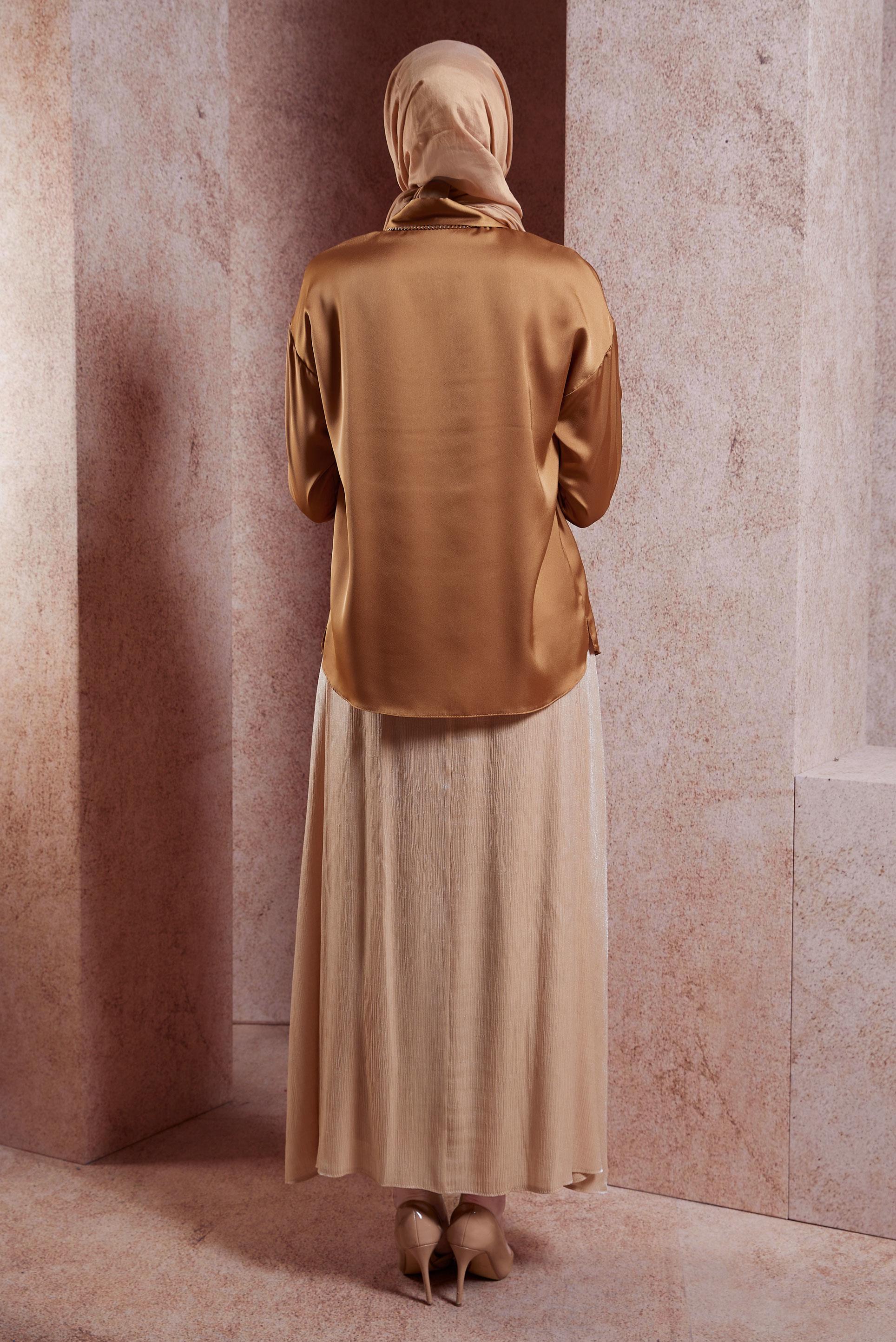 Tesettür giyim TABA SATEN GÖMLEK BLUZ 44430