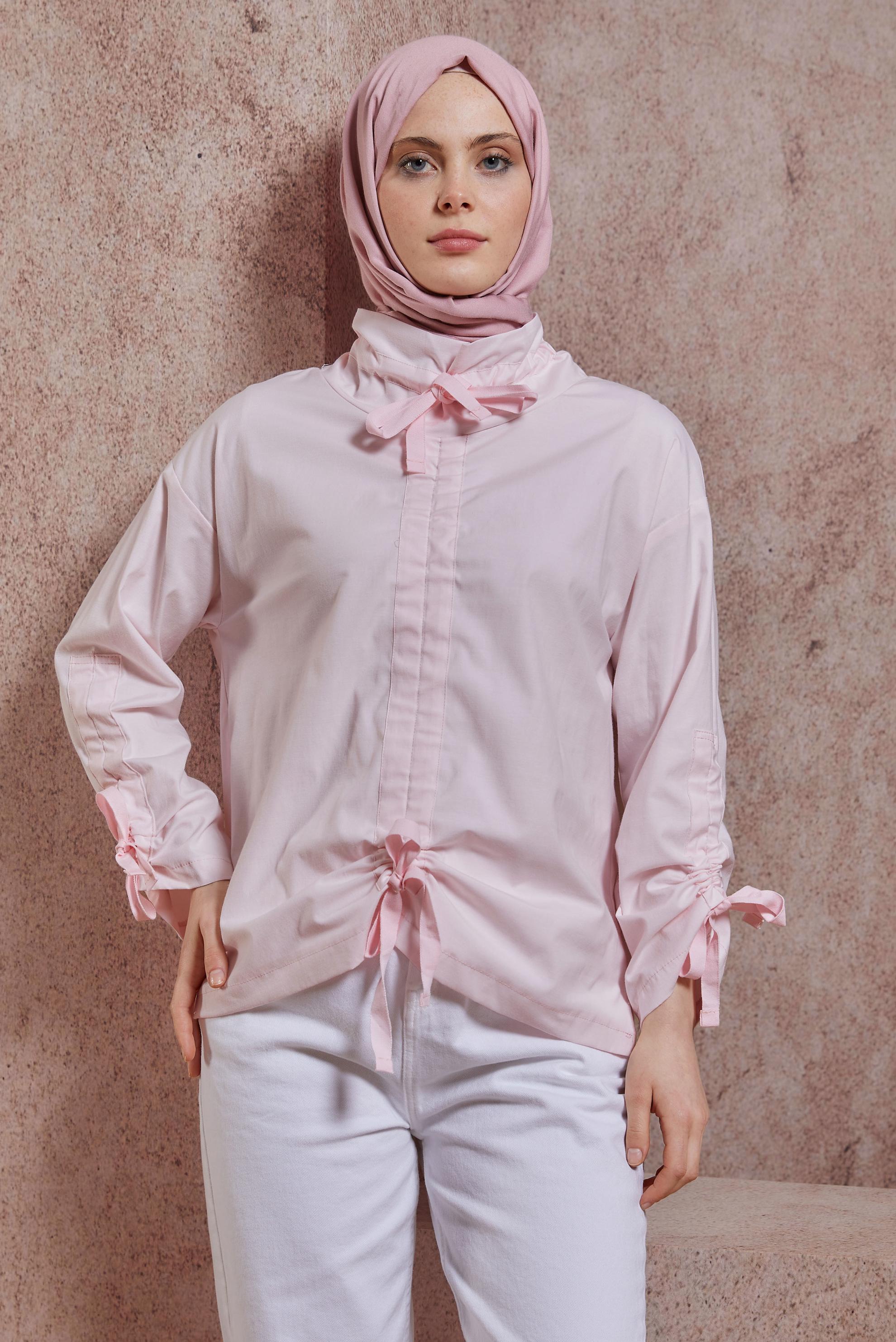 Tesettür giyim PEMBE BÜZGÜ DETAYLI PAMUK SATEN BLUZ 44470